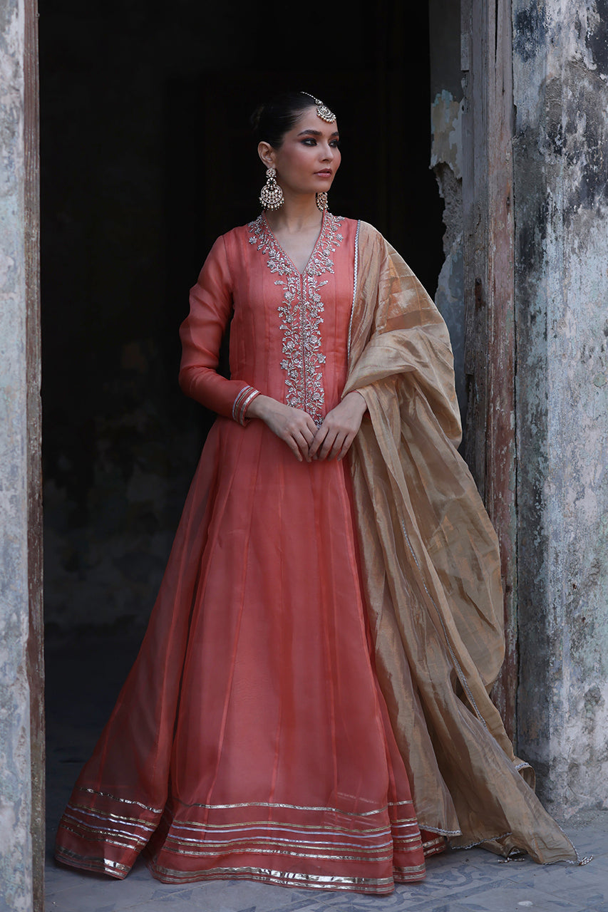 Coral Handworked Organza Kalidaar (3-Piece) - Image 1