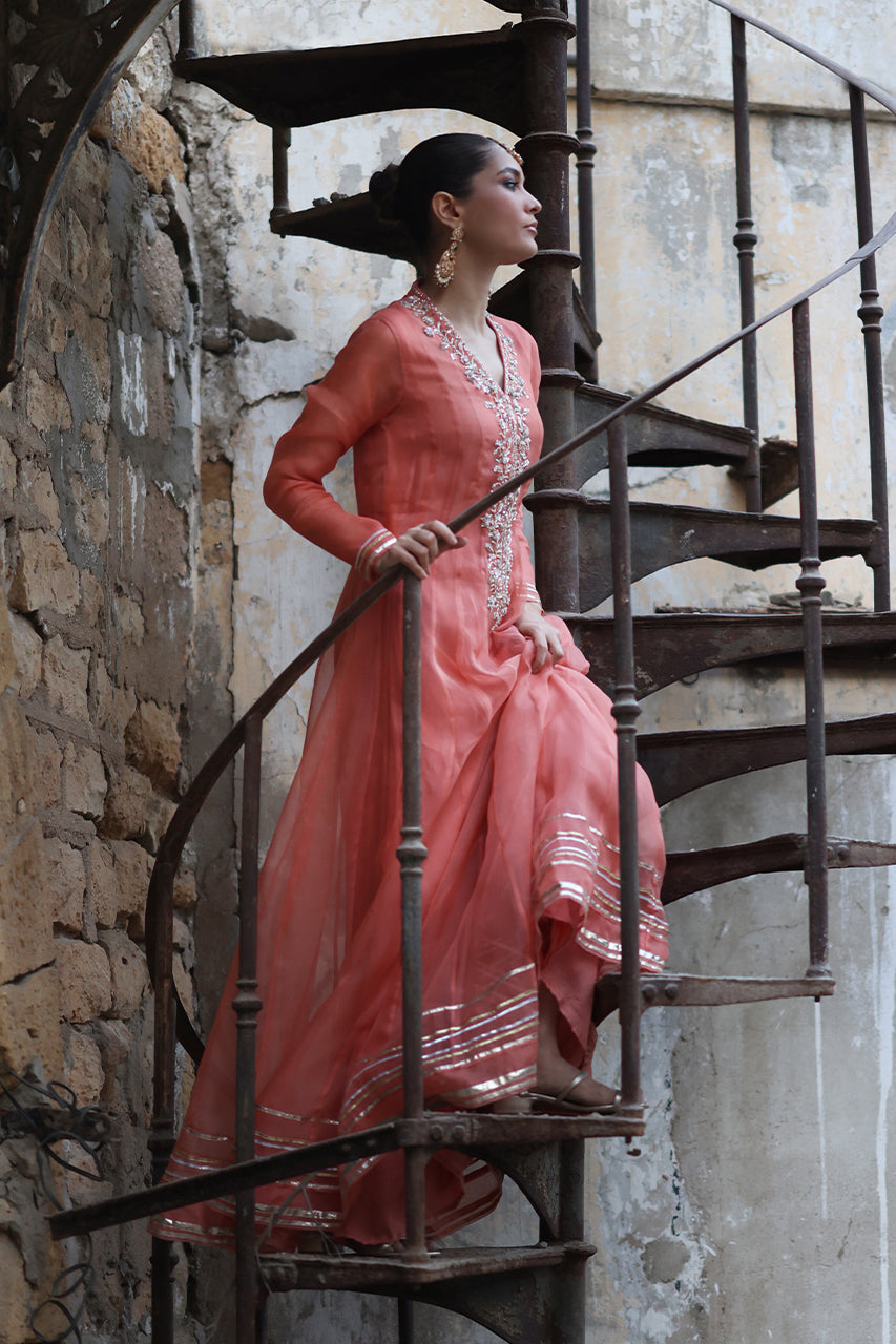 Coral Handworked Organza Kalidaar (3-Piece) - Image 2