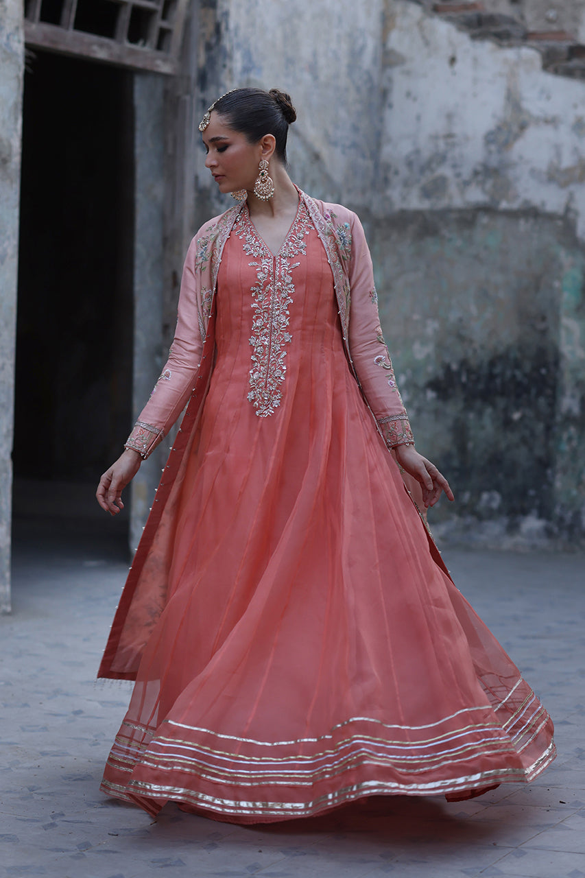 Coral Handworked Organza Kalidaar (3-Piece) - Image 3