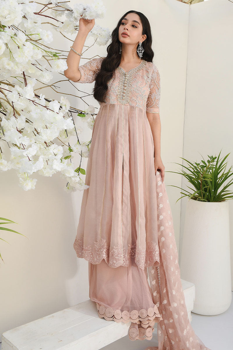 Soft Pink Hand-Embroidered Organza Kalidar Dress (3-Piece) - Image 1
