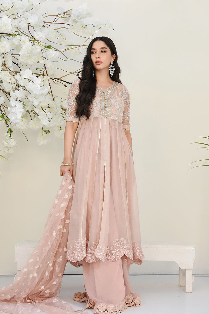 Soft Pink Hand-Embroidered Organza Kalidar Dress (3-Piece) - Image 4