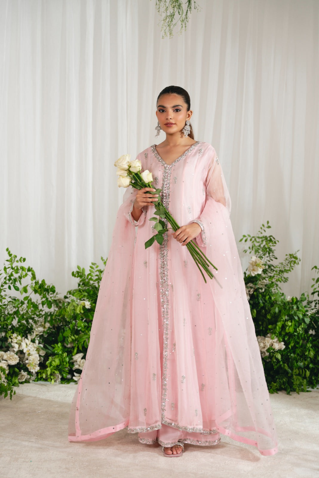 Tea Pink Embroidered Organza Kalidaar (3-Piece) - Image 1