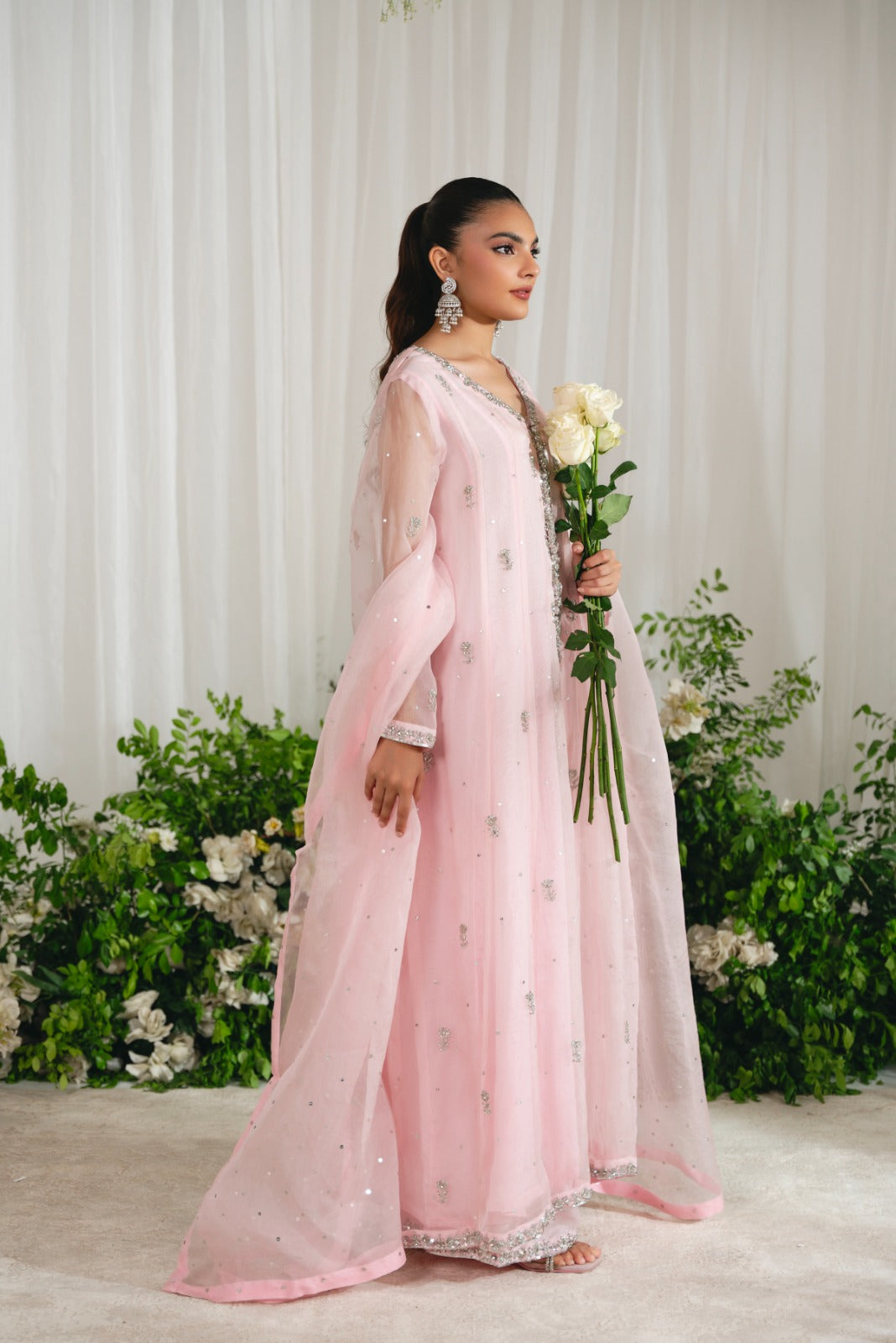 Tea Pink Embroidered Organza Kalidaar (3-Piece) - Image 3