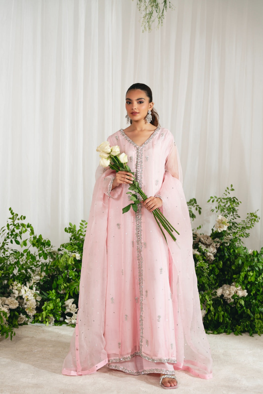 Tea Pink Embroidered Organza Kalidaar (3-Piece) - Image 8