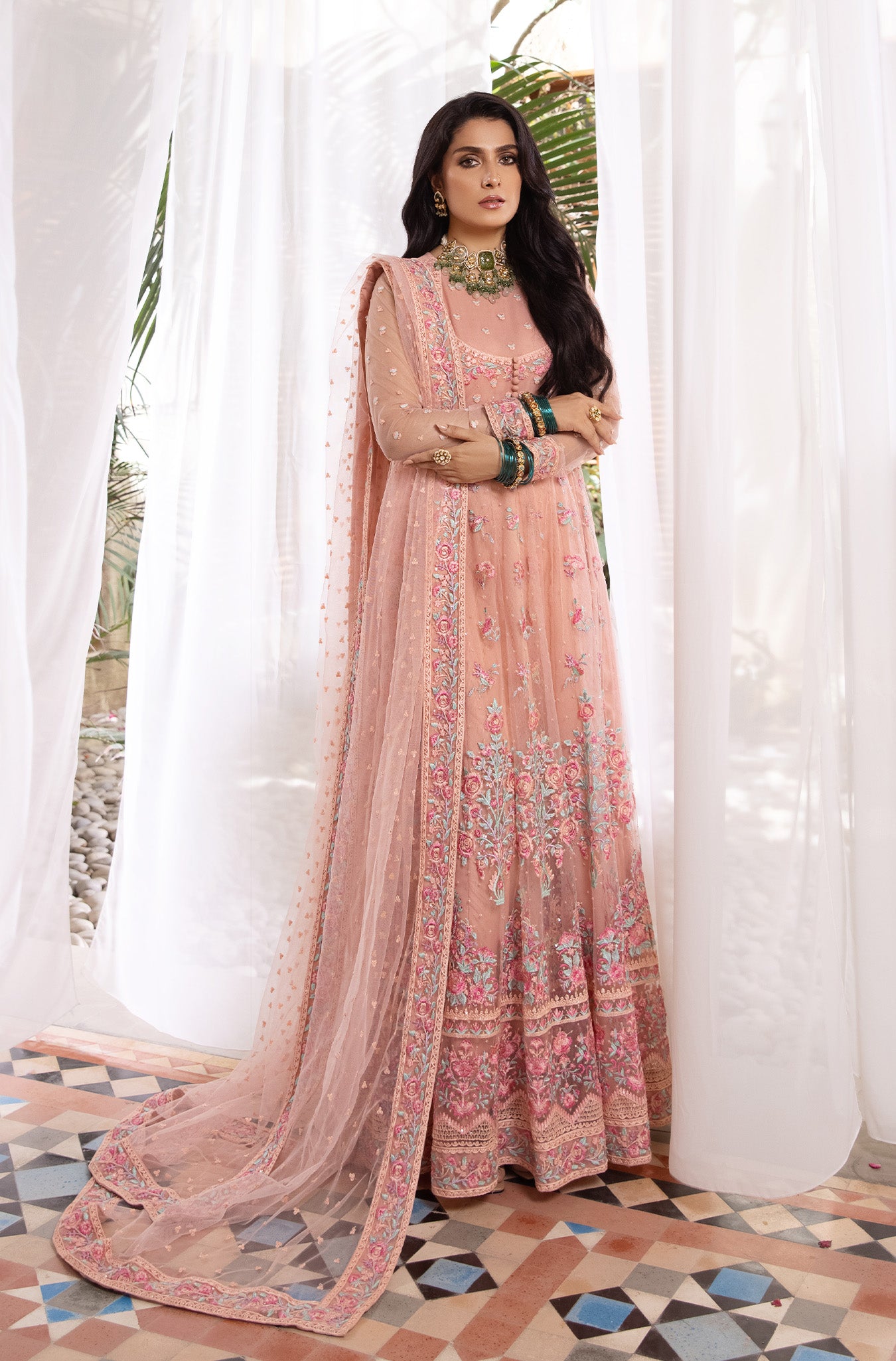 Pakistani Pastel Pink Embroidered Organza Kalidar (2-Piece) - Image 1