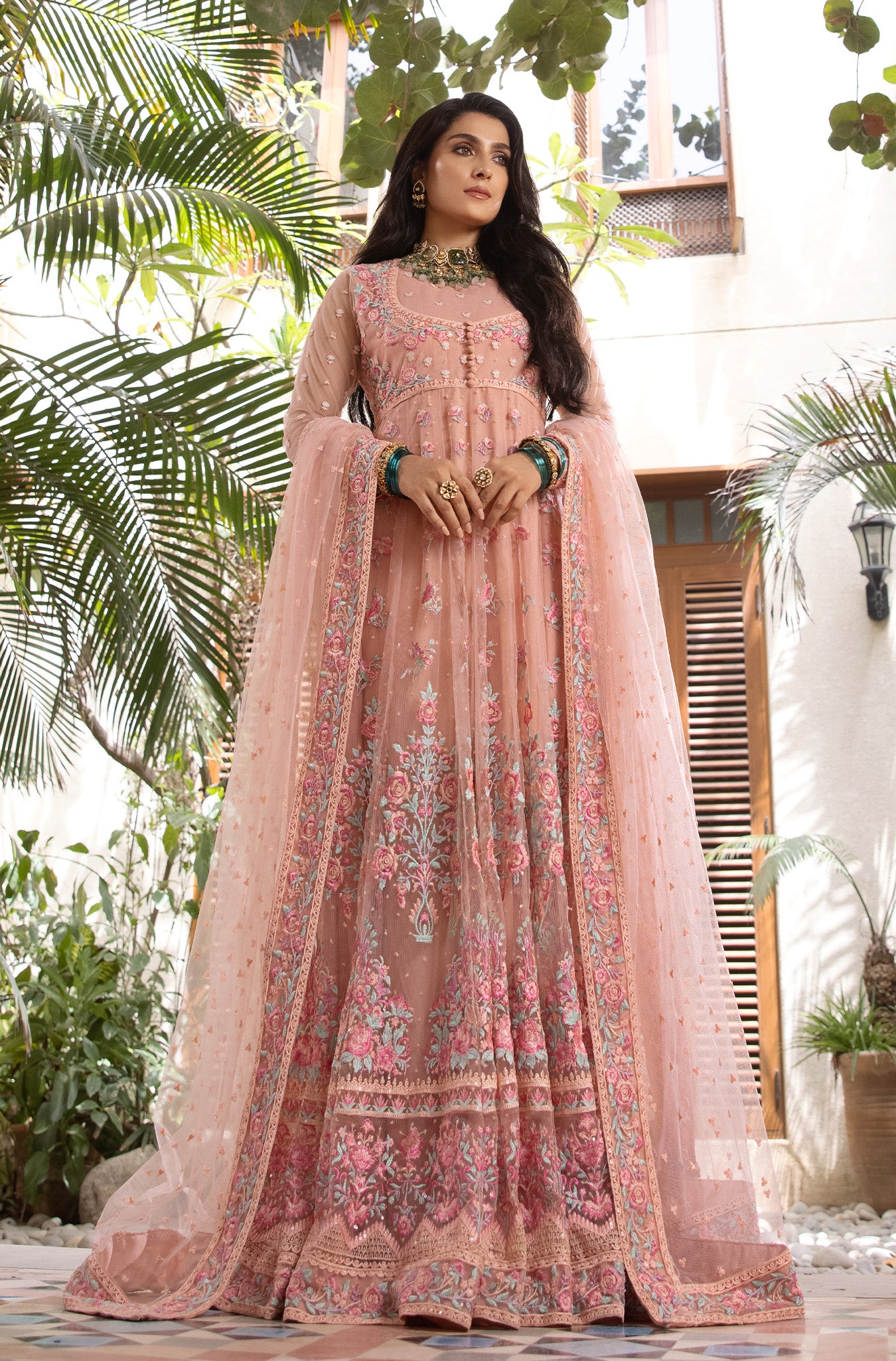 Pakistani Pastel Pink Embroidered Organza Kalidar (2-Piece) - Image 2