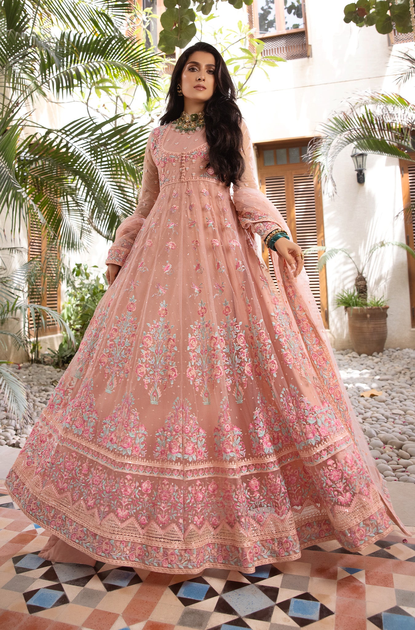 Pakistani Pastel Pink Embroidered Organza Kalidar (2-Piece) - Image 4