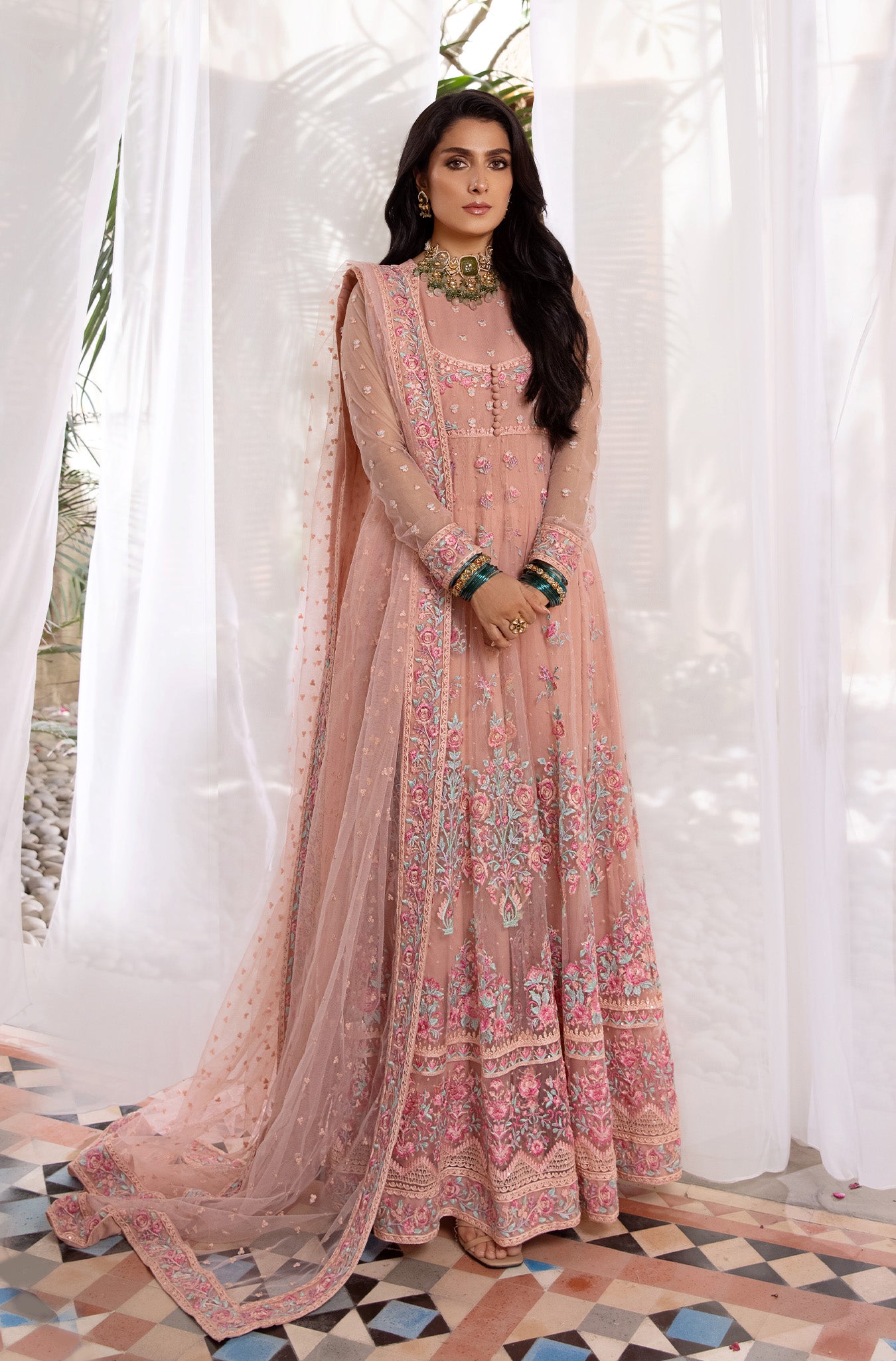 Pakistani Pastel Pink Embroidered Organza Kalidar (2-Piece) - Image 7