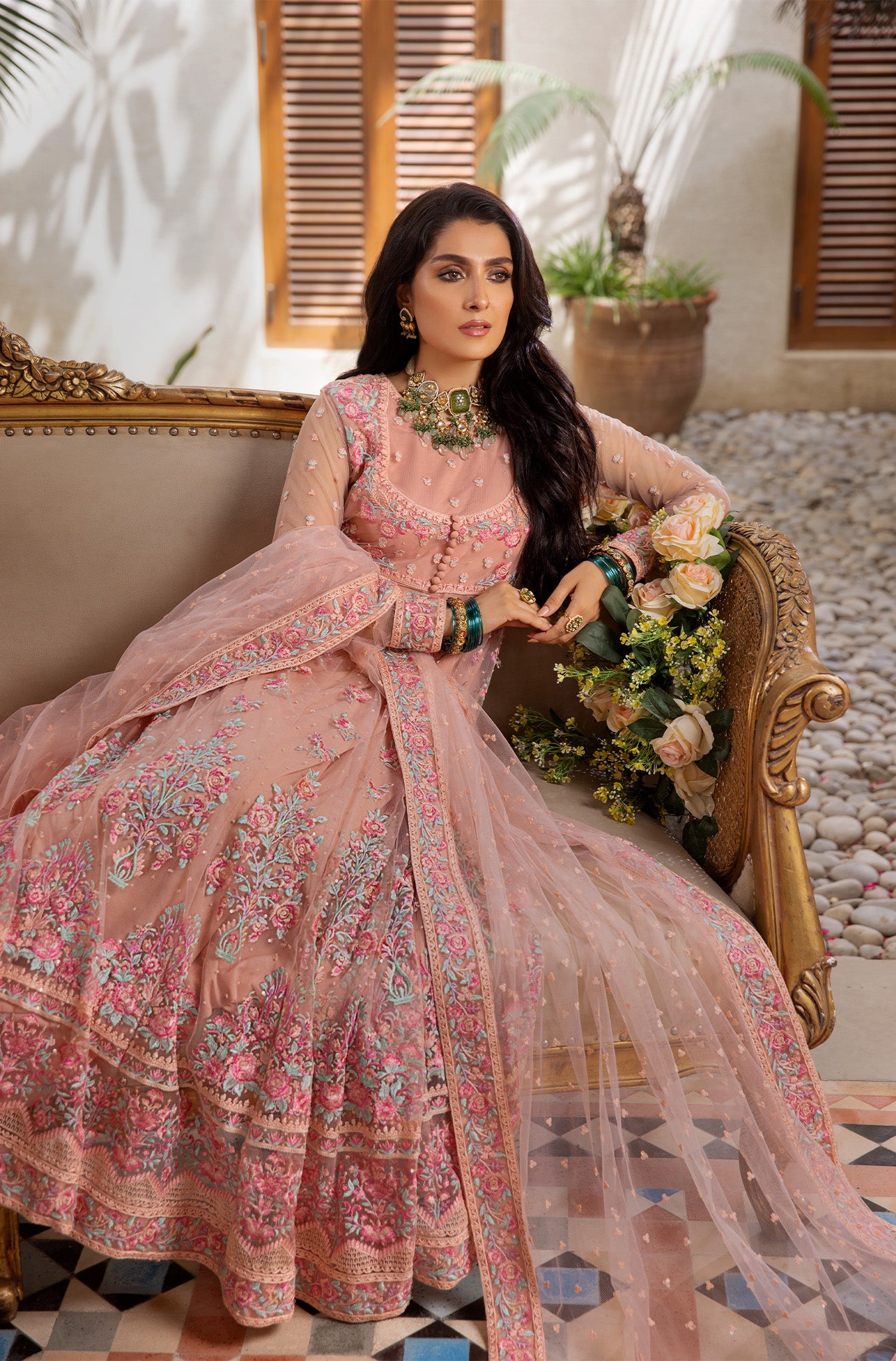 Pakistani Pastel Pink Embroidered Organza Kalidar (2-Piece) - Image 8