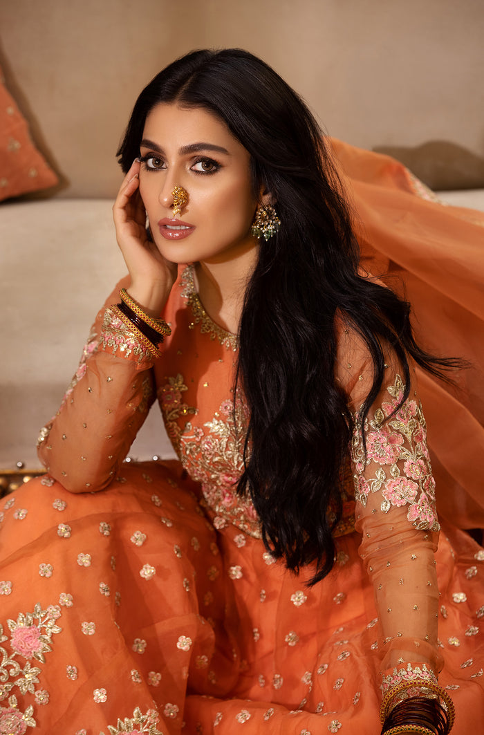 Peach Embroidered Organza Kalidar Dress (2-Piece) - Image 2