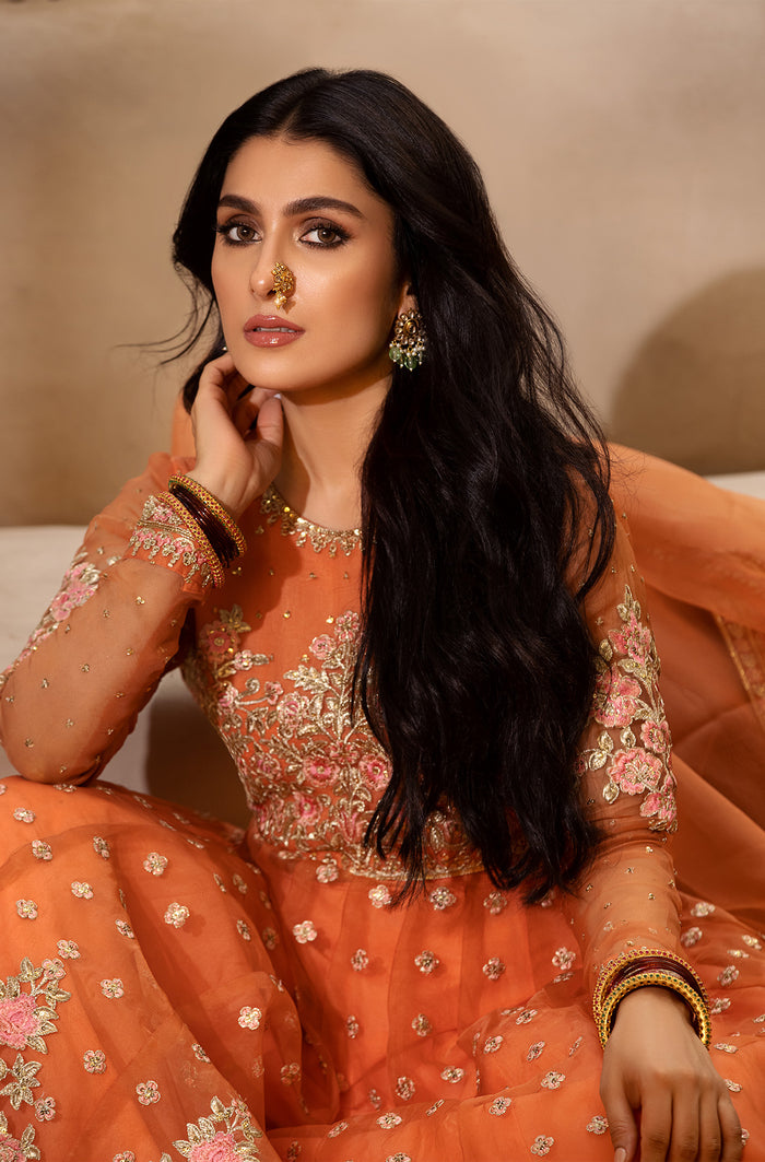 Peach Embroidered Organza Kalidar Dress (2-Piece) - Image 4