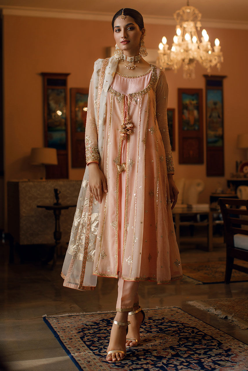 Pink Peach Zardozi Organza Kalidar Dress (3-Piece) - Image 1