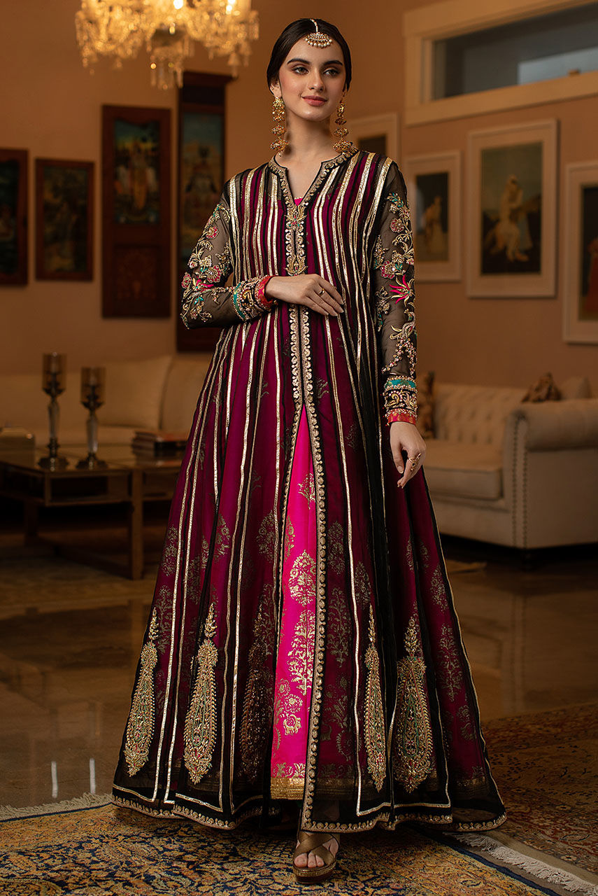 Pakistani Fuchsia & Black Embroidered Silk Organza Kalidar (2-Piece) - Image 1