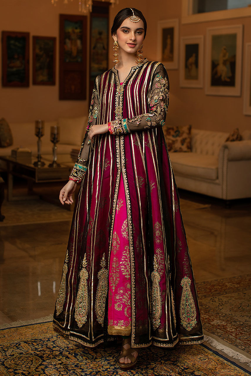Pakistani Fuchsia & Black Embroidered Silk Organza Kalidar (2-Piece) - Image 3