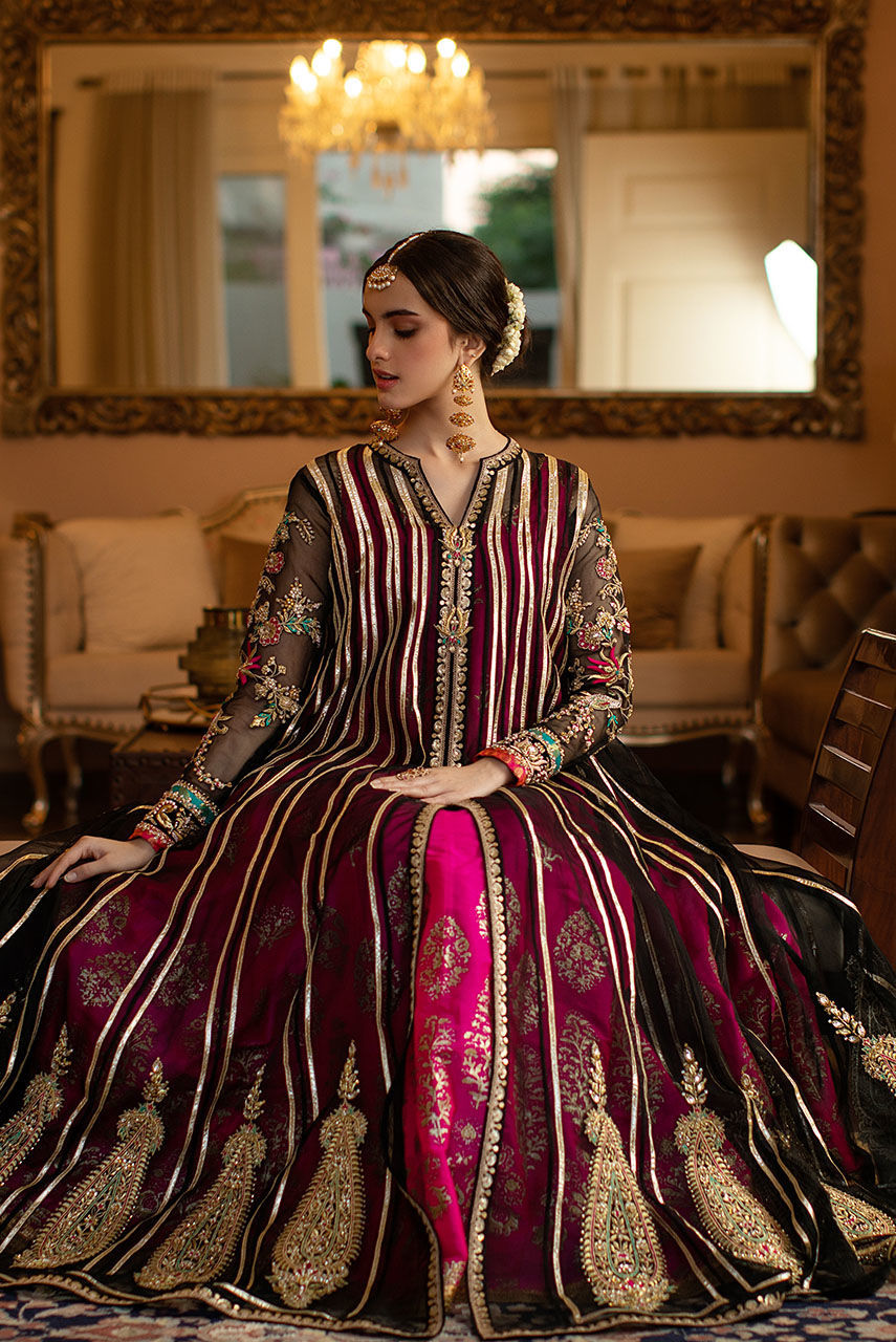 Pakistani Fuchsia & Black Embroidered Silk Organza Kalidar (2-Piece) - Image 5