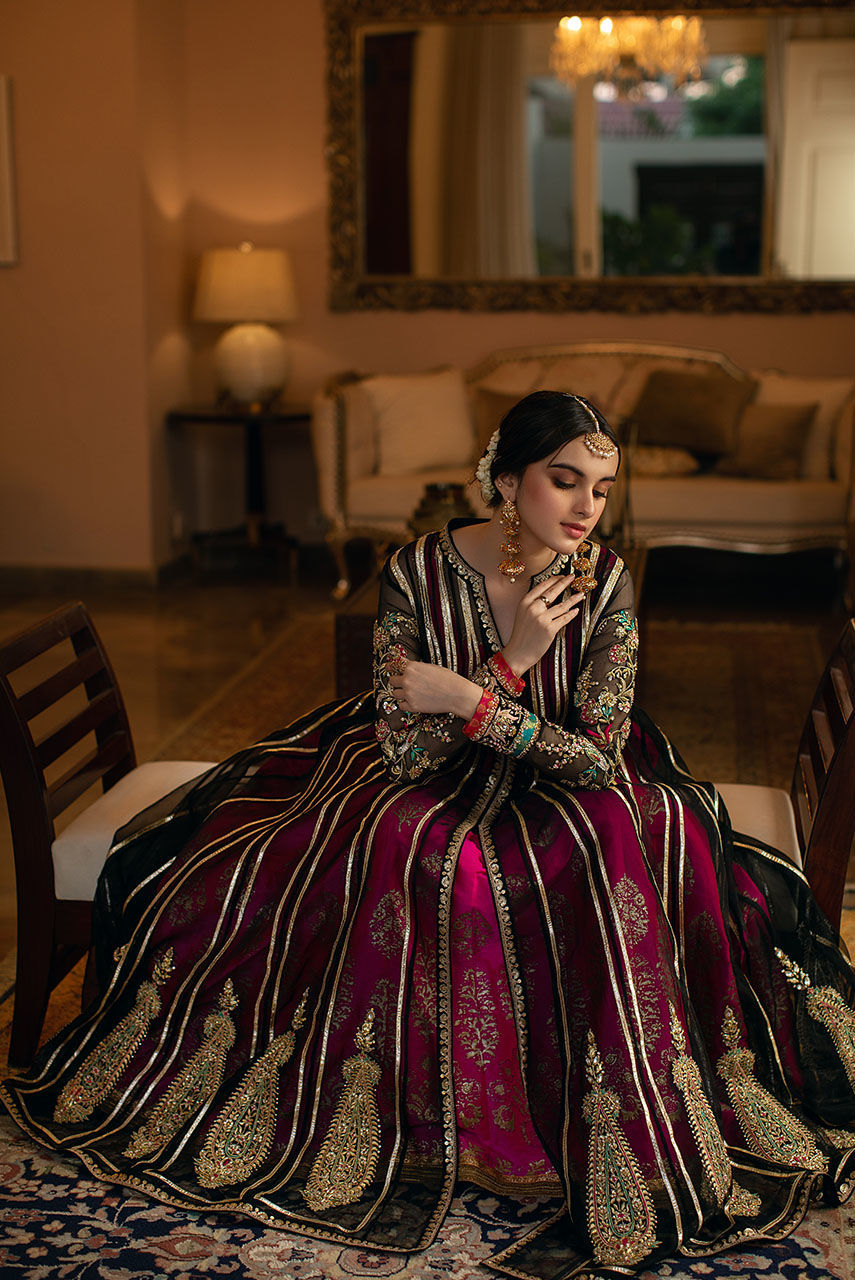 Pakistani Fuchsia & Black Embroidered Silk Organza Kalidar (2-Piece) - Image 6