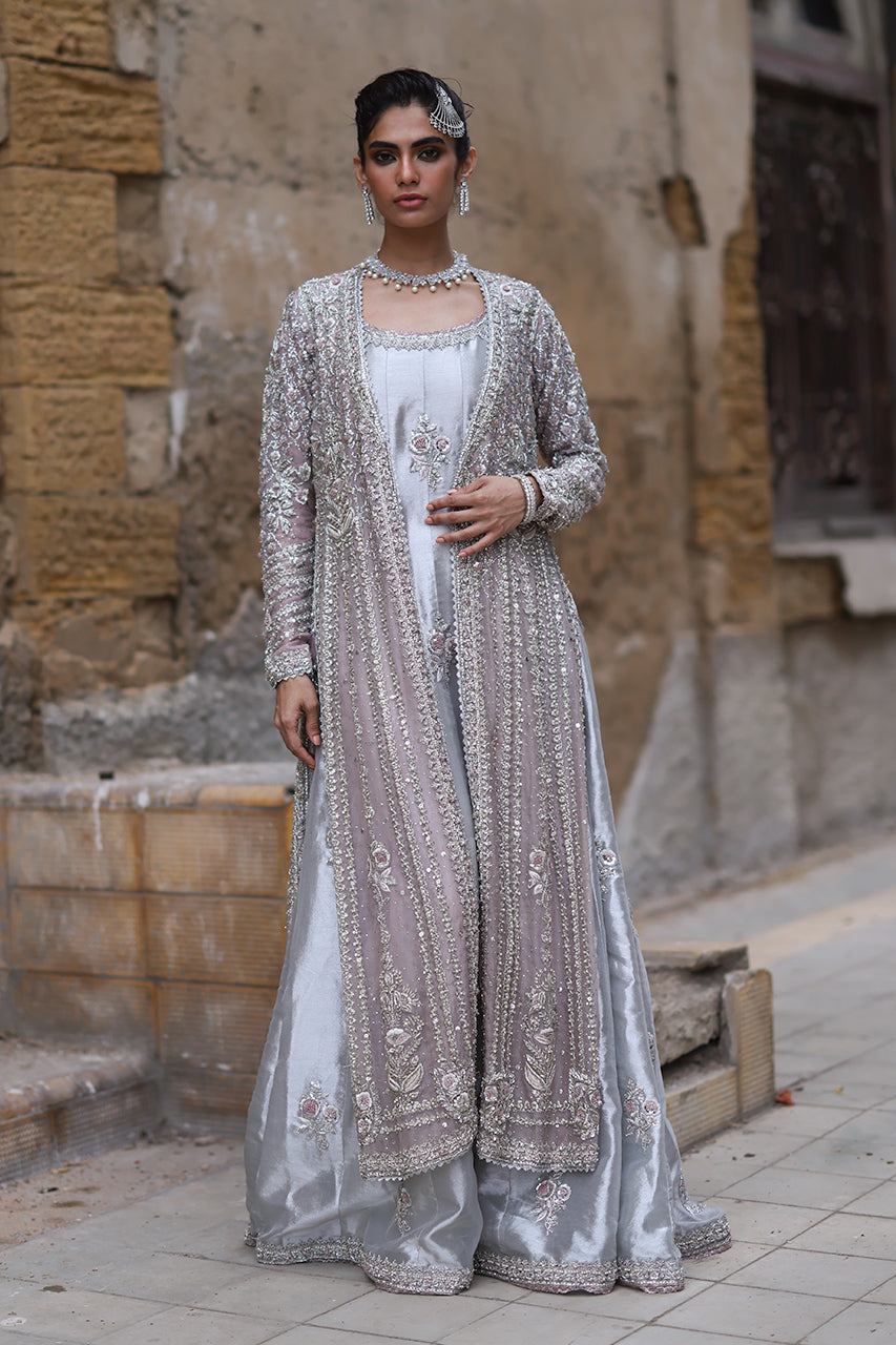 Nude Pink Zardozi Organza Bridal Jacket & Kalidaar (3-Piece) - Image 1