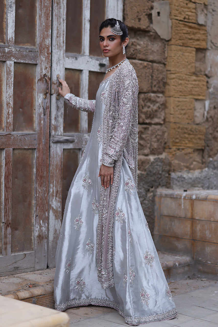 Nude Pink Zardozi Organza Bridal Jacket & Kalidaar (3-Piece) - Image 5