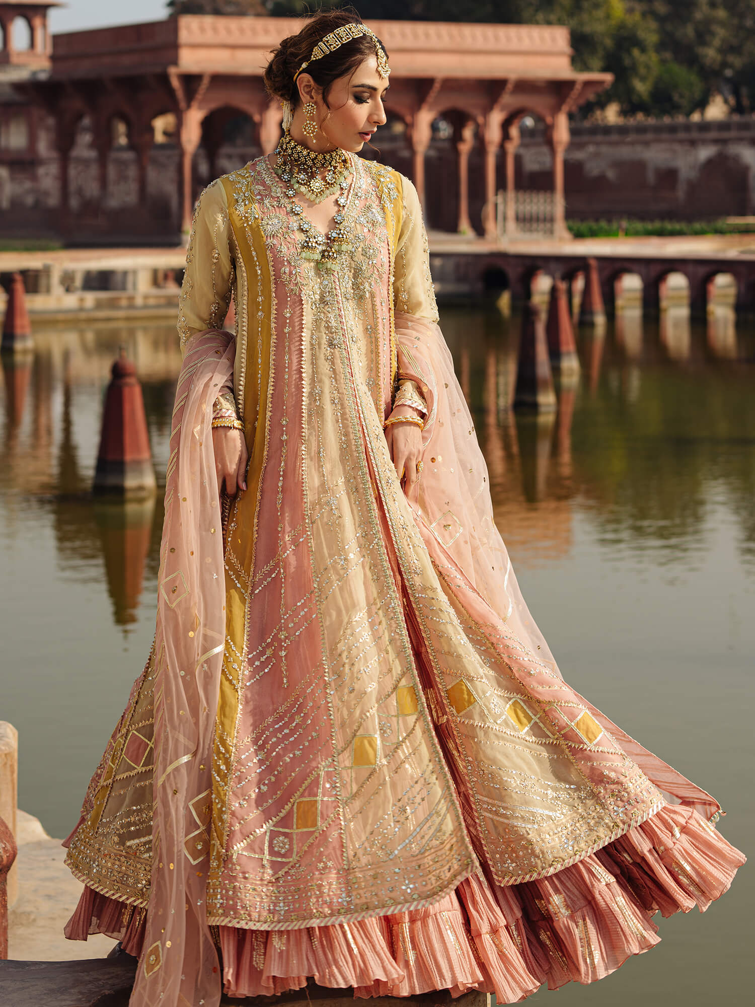 Pakistani Lime Ochre Rose Pink Embroidered Organza Kalidar (3-Piece) - Image 1