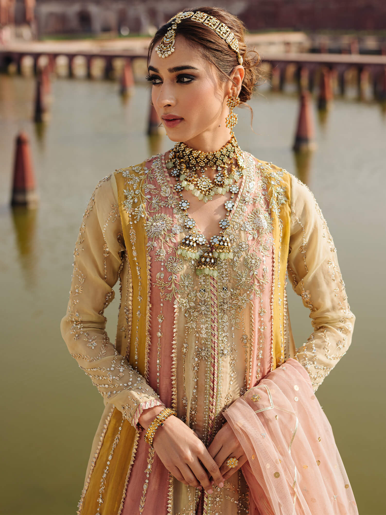 Pakistani Lime Ochre Rose Pink Embroidered Organza Kalidar (3-Piece) - Image 2
