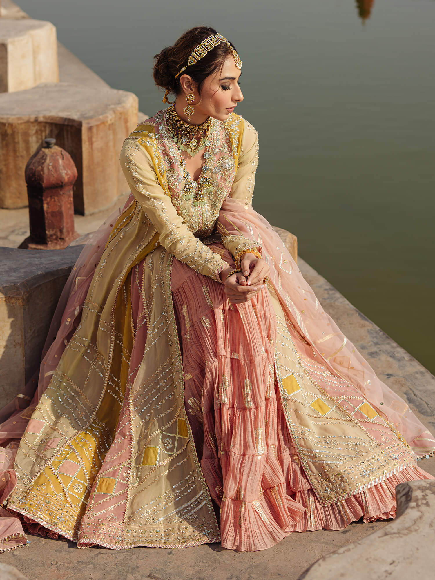 Pakistani Lime Ochre Rose Pink Embroidered Organza Kalidar (3-Piece) - Image 3