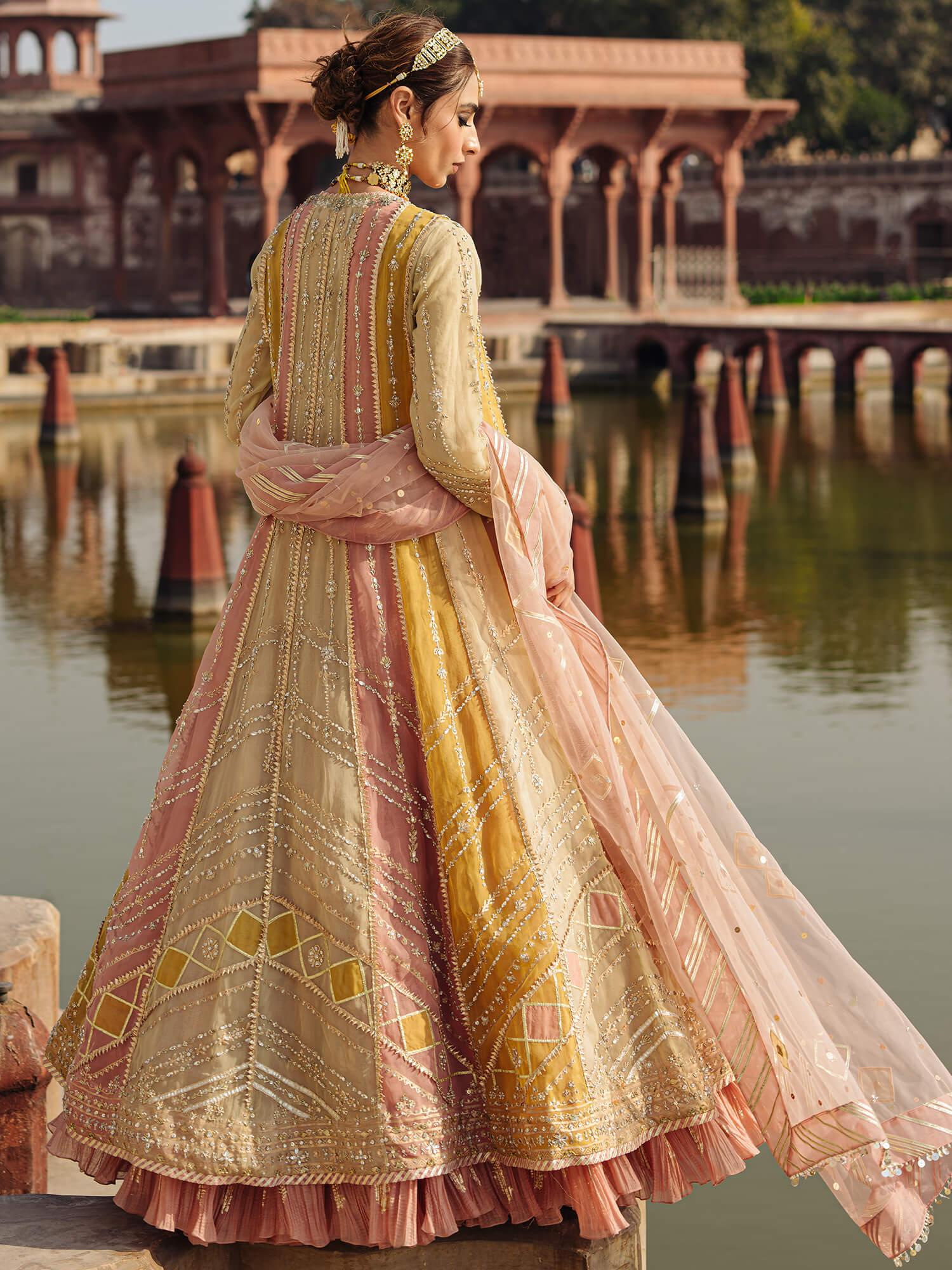 Pakistani Lime Ochre Rose Pink Embroidered Organza Kalidar (3-Piece) - Image 4