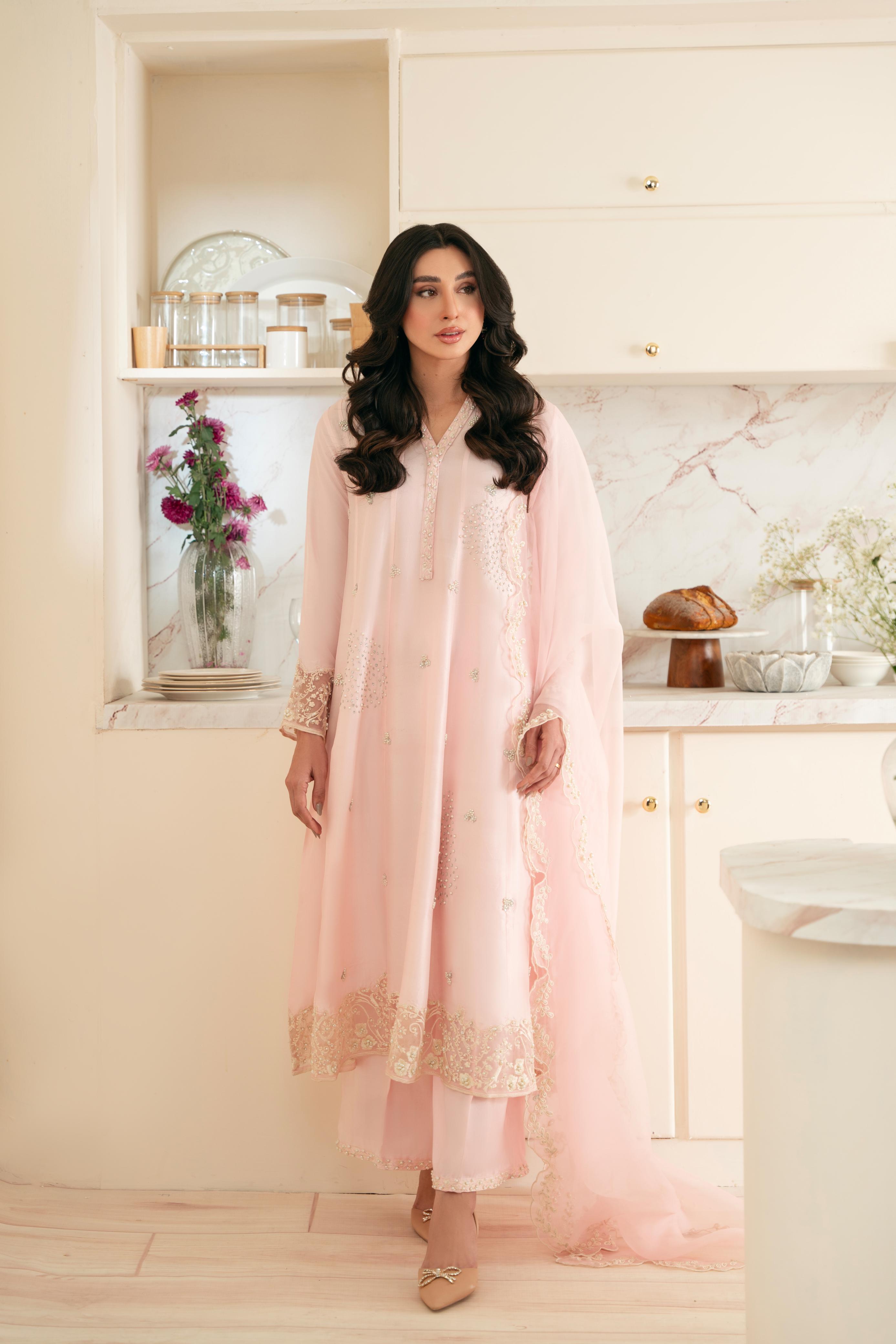 Pakistani Blush Pink Hand Ada Work Raw Silk Kalidaar (3-Piece) - Image 1