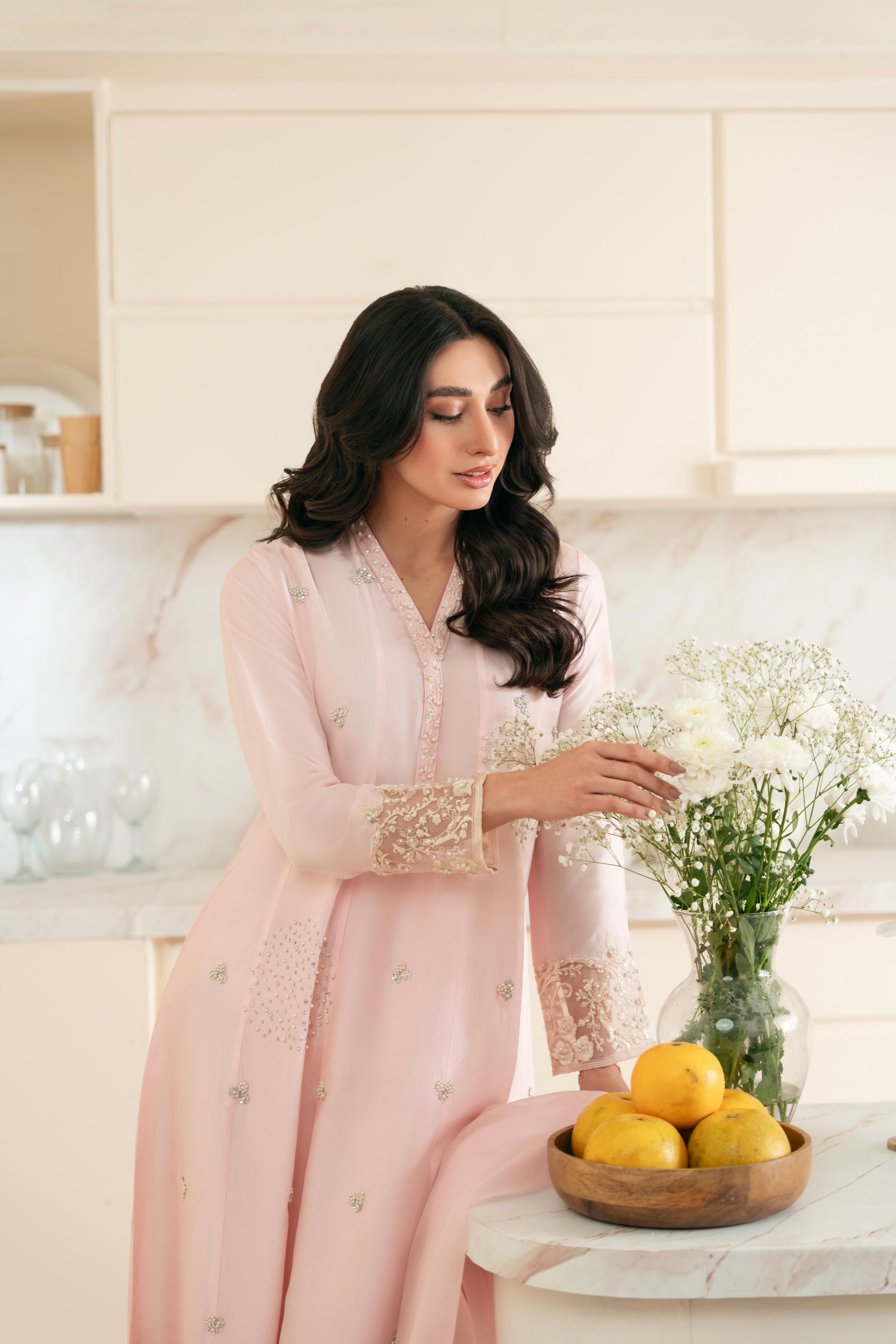 Pakistani Blush Pink Hand Ada Work Raw Silk Kalidaar (3-Piece) - Image 2