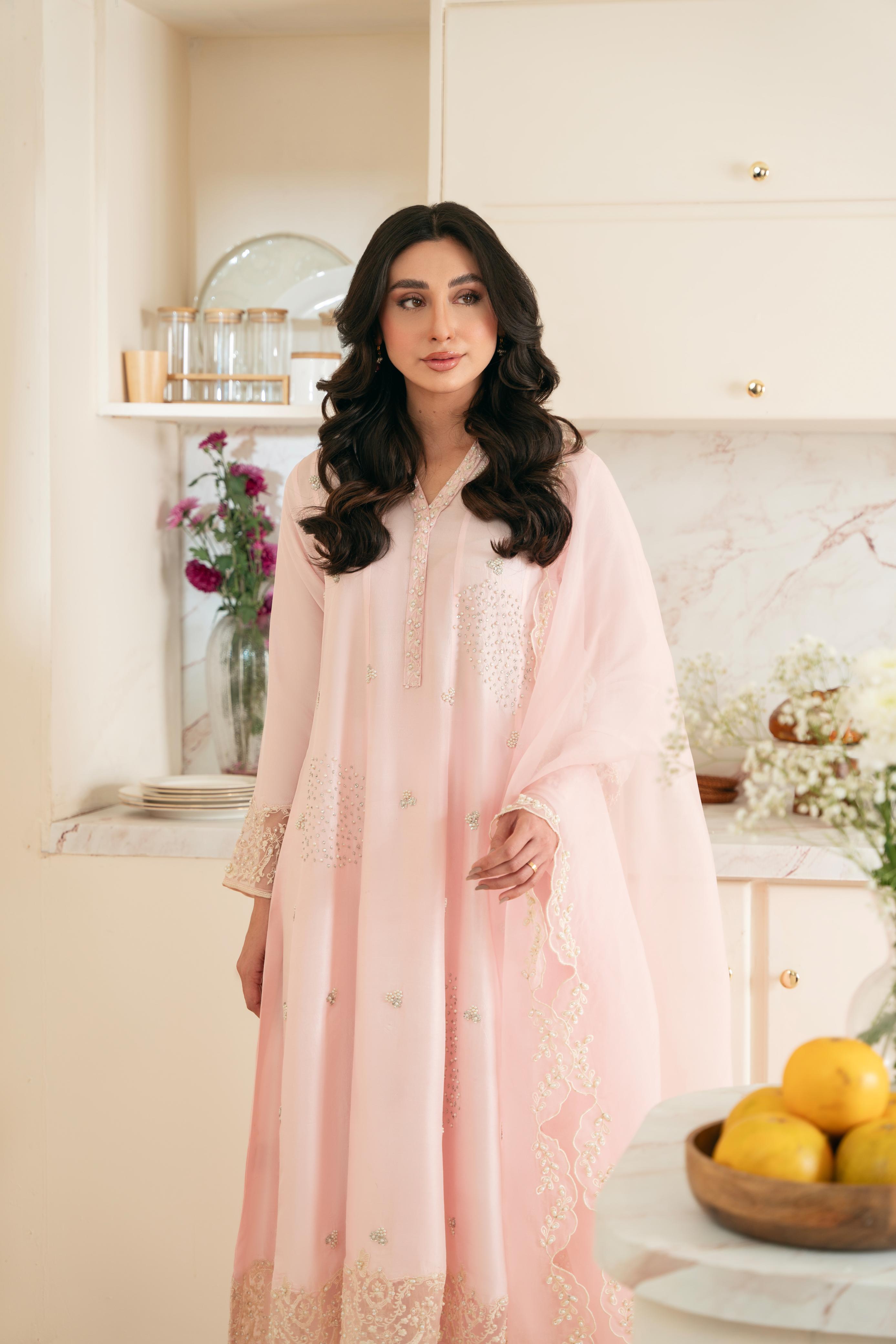 Pakistani Blush Pink Hand Ada Work Raw Silk Kalidaar (3-Piece) - Image 4