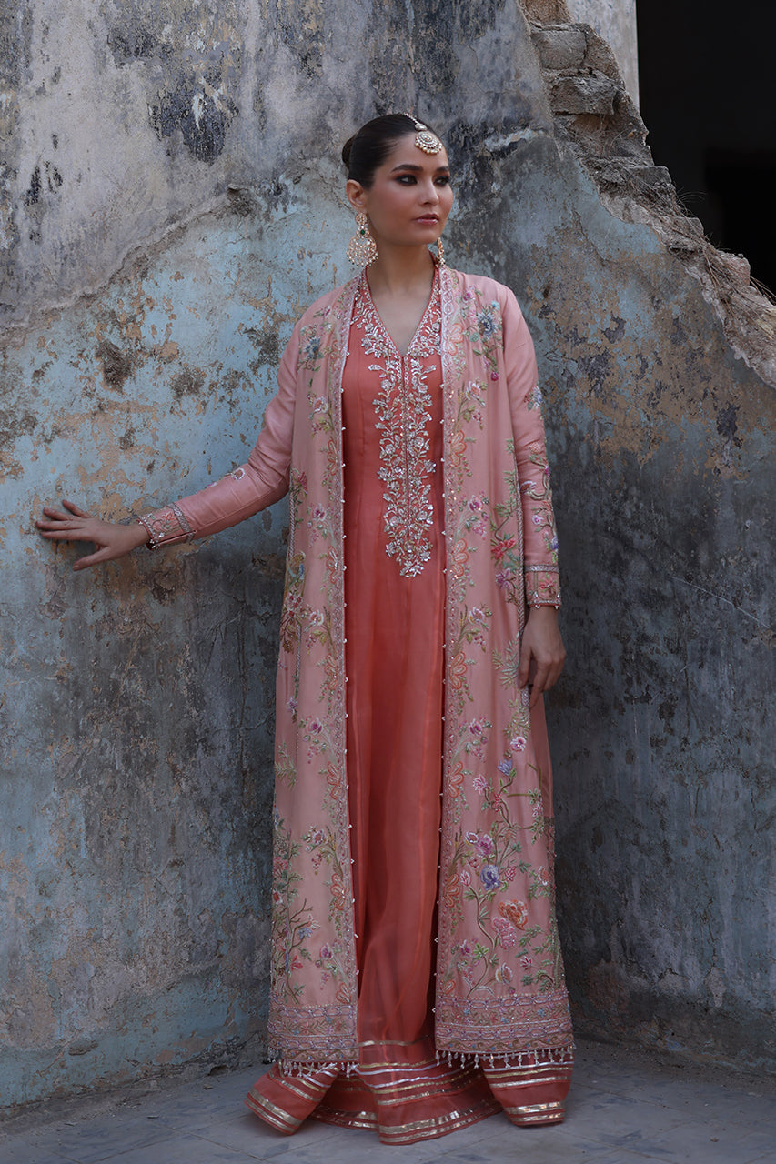 Pakistani Peach Embroidered Raw Silk Jacket with Organza Kalidaar (3-Piece) - Image 1
