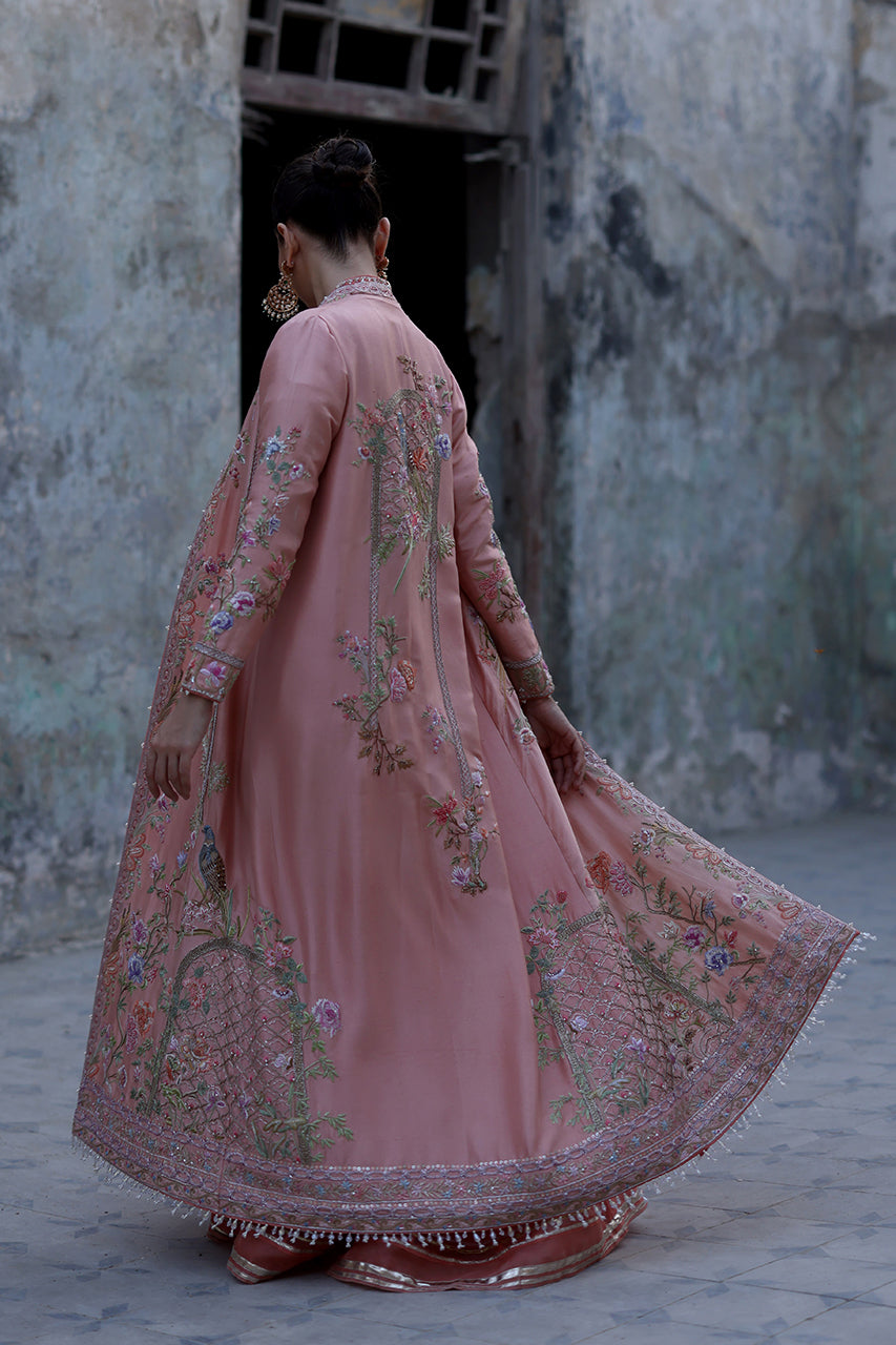Pakistani Peach Embroidered Raw Silk Jacket with Organza Kalidaar (3-Piece) - Image 2