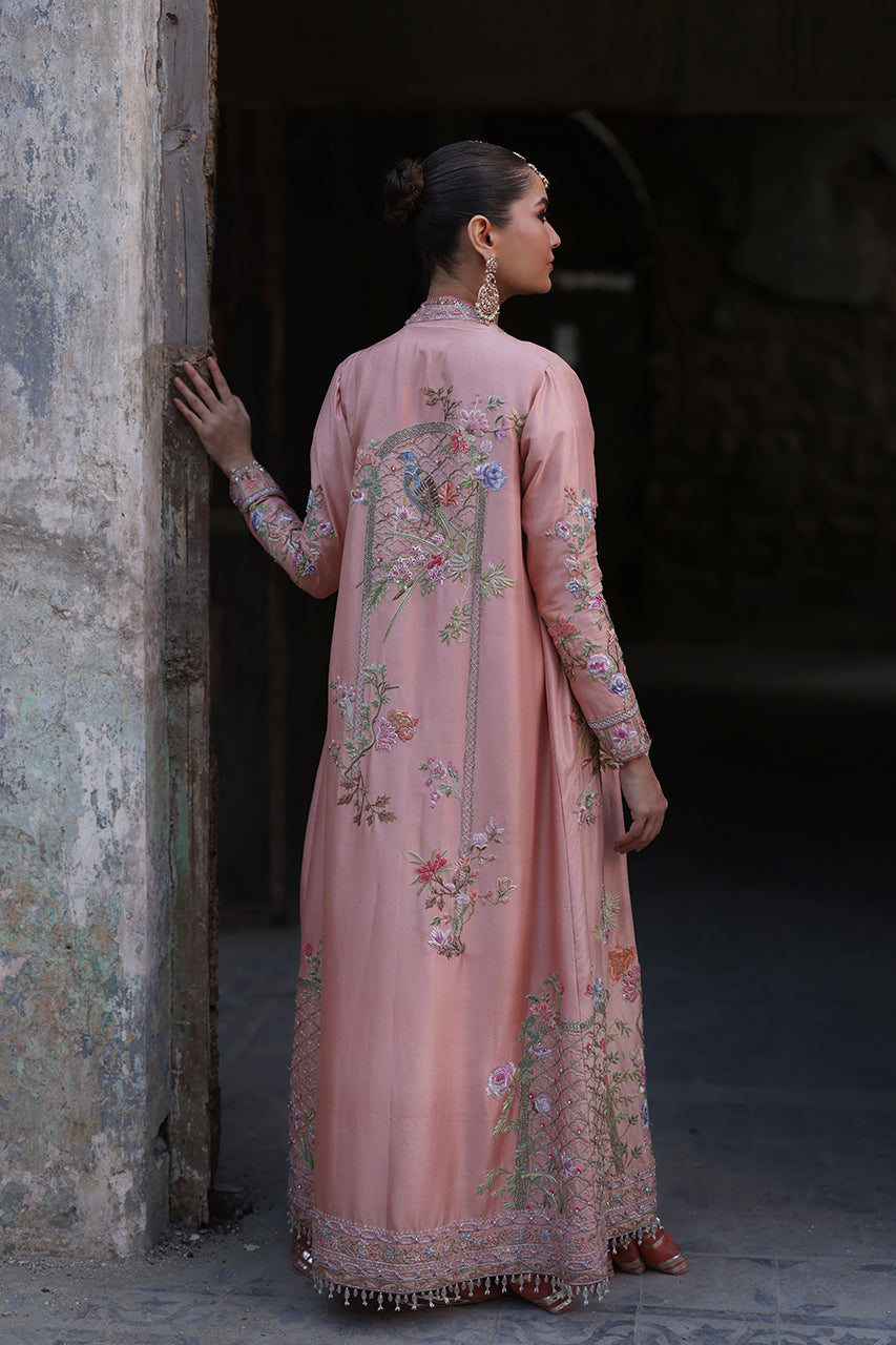 Pakistani Peach Embroidered Raw Silk Jacket with Organza Kalidaar (3-Piece) - Image 4