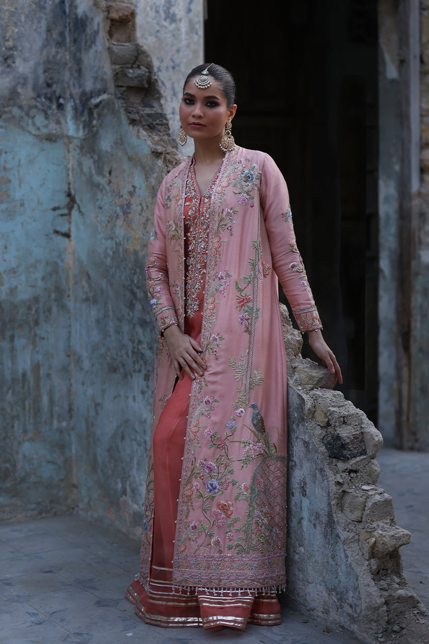 Pakistani Peach Embroidered Raw Silk Jacket with Organza Kalidaar (3-Piece) - Image 5