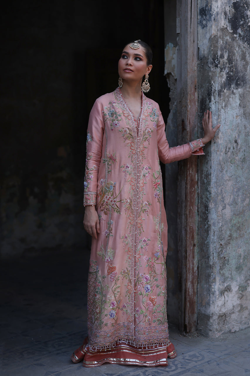 Pakistani Peach Embroidered Raw Silk Jacket with Organza Kalidaar (3-Piece) - Image 6