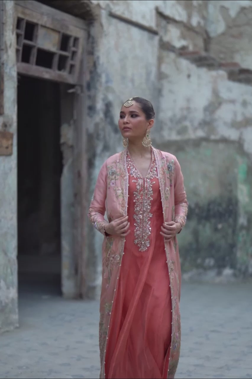 Pakistani Peach Embroidered Raw Silk Jacket with Organza Kalidaar (3-Piece) - Image 7