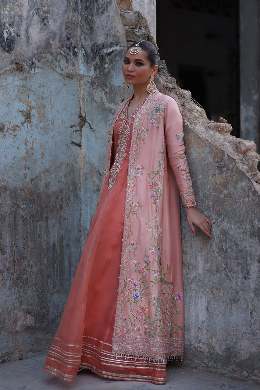 Peach Embroidered Raw Silk Jacket with Organza Kalidaar (3-Piece) - Image 3