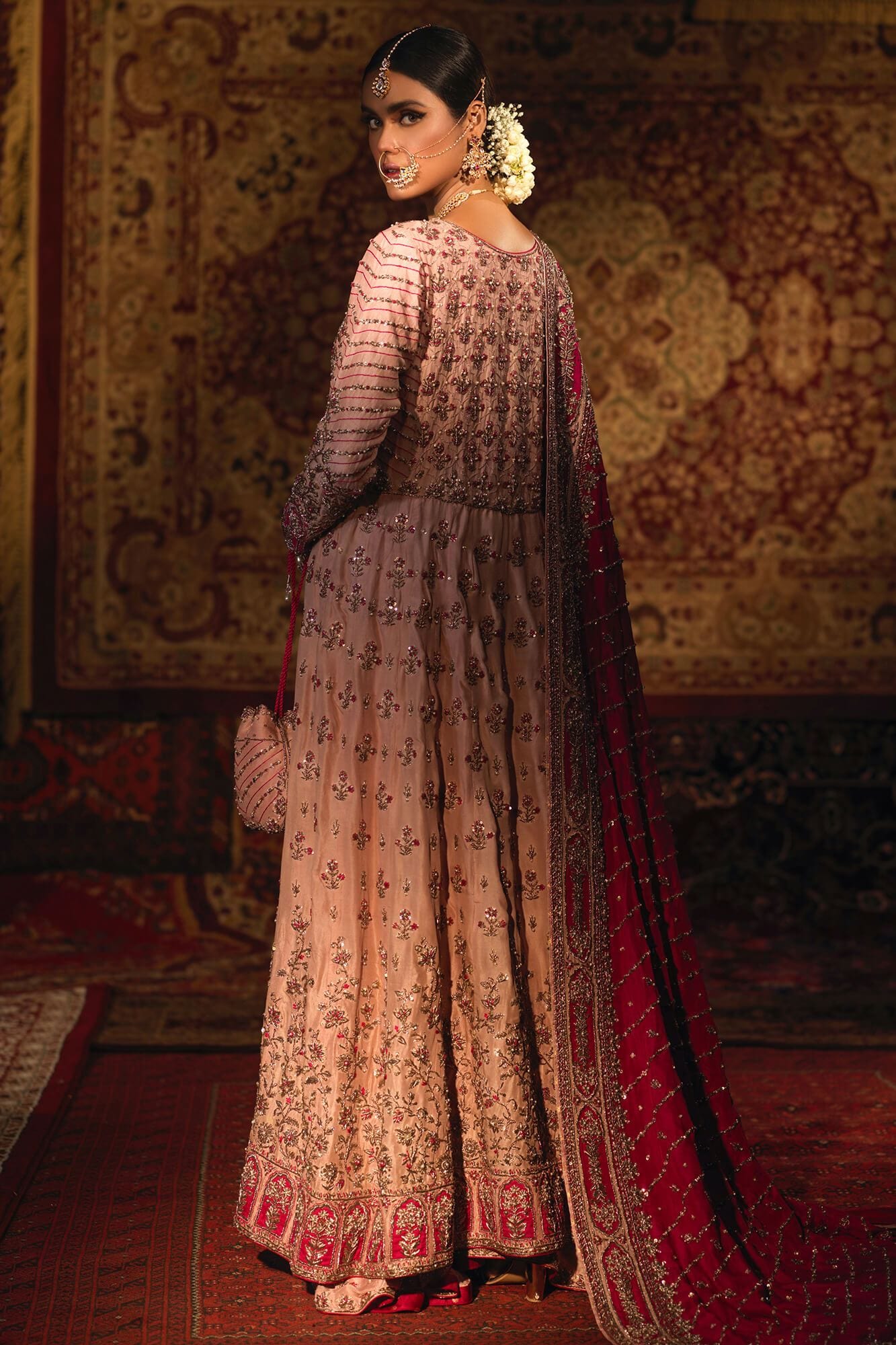 Pakistani Blush Pink Embroidered Raw Silk Kalidar Frock (3-Piece) - Image 1