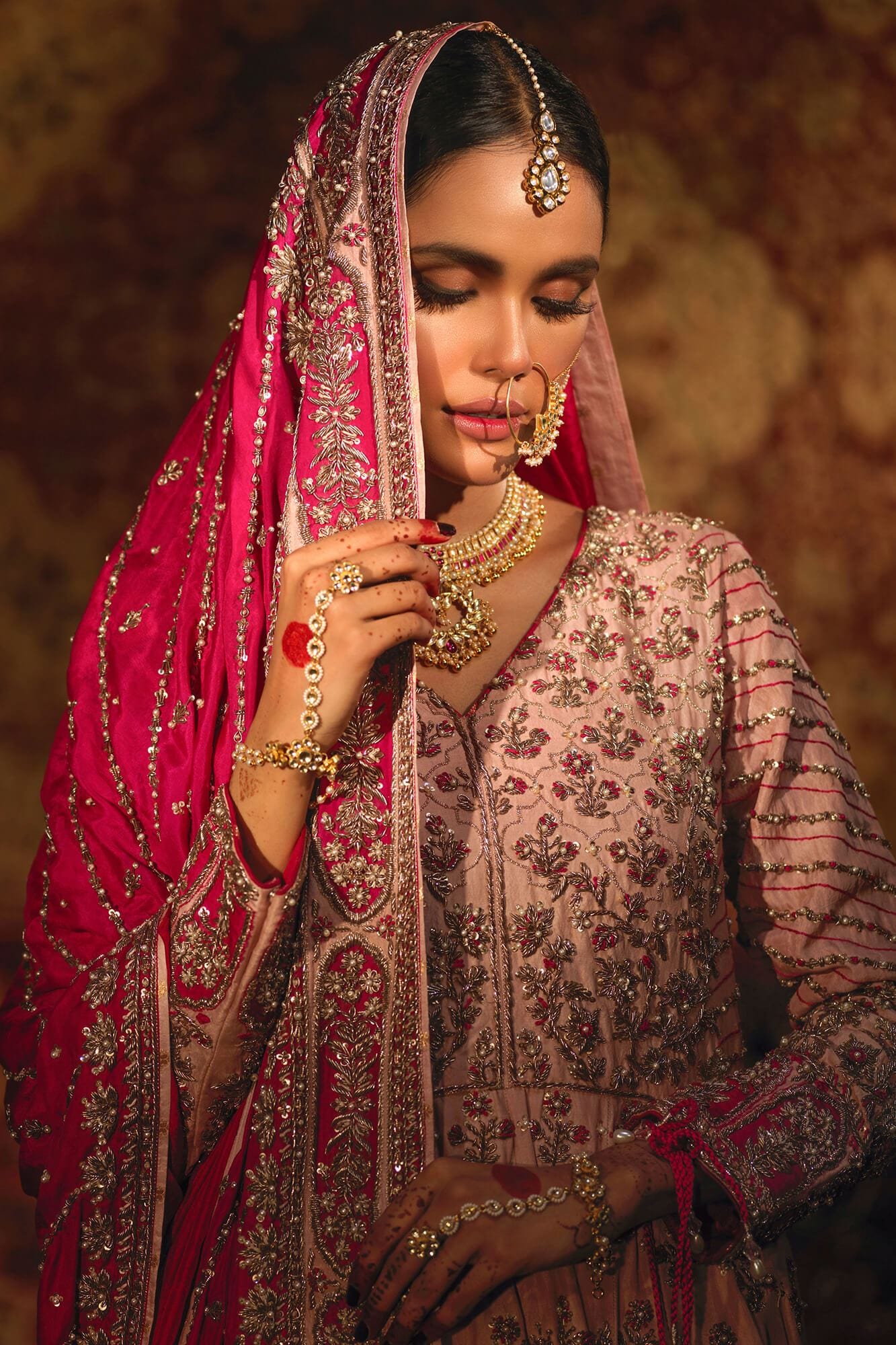 Pakistani Blush Pink Embroidered Raw Silk Kalidar Frock (3-Piece) - Image 5