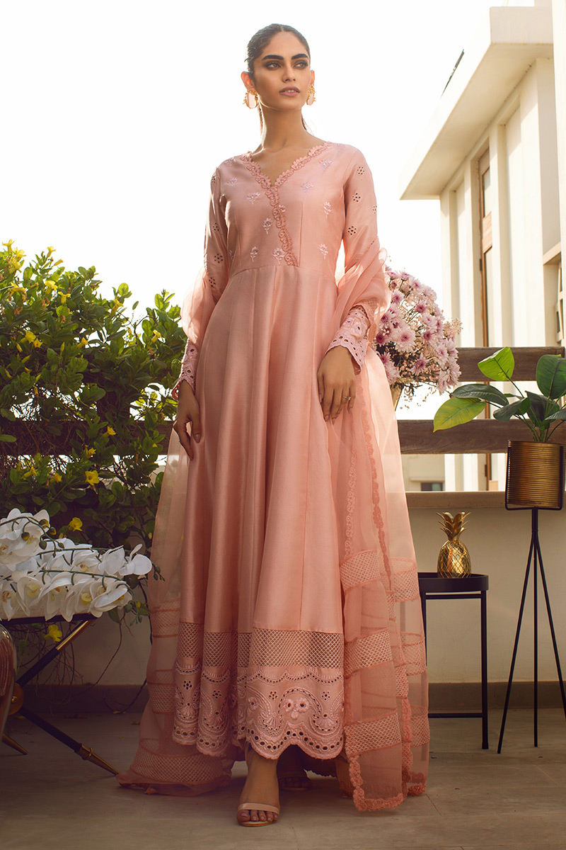 Pakistani Powder Pink Embroidered Pure Raw Silk Kalidaar (2-Piece) - Image 1