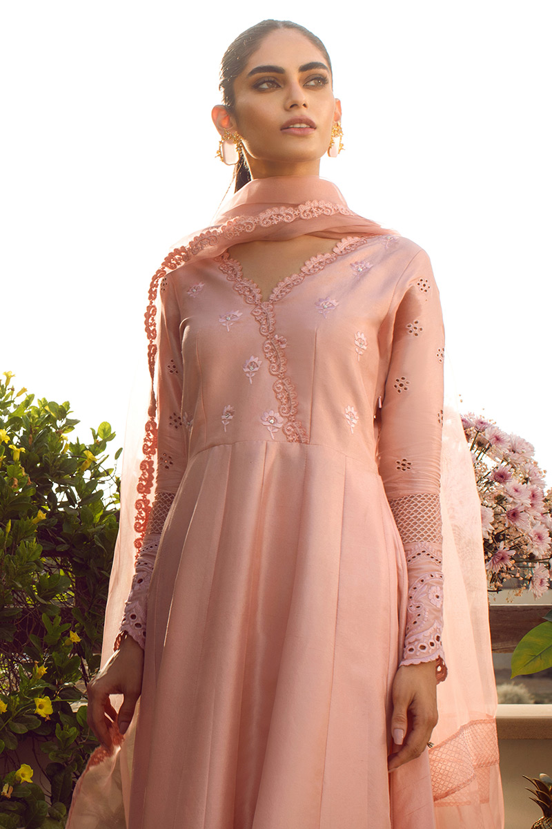 Pakistani Powder Pink Embroidered Pure Raw Silk Kalidaar (2-Piece) - Image 2