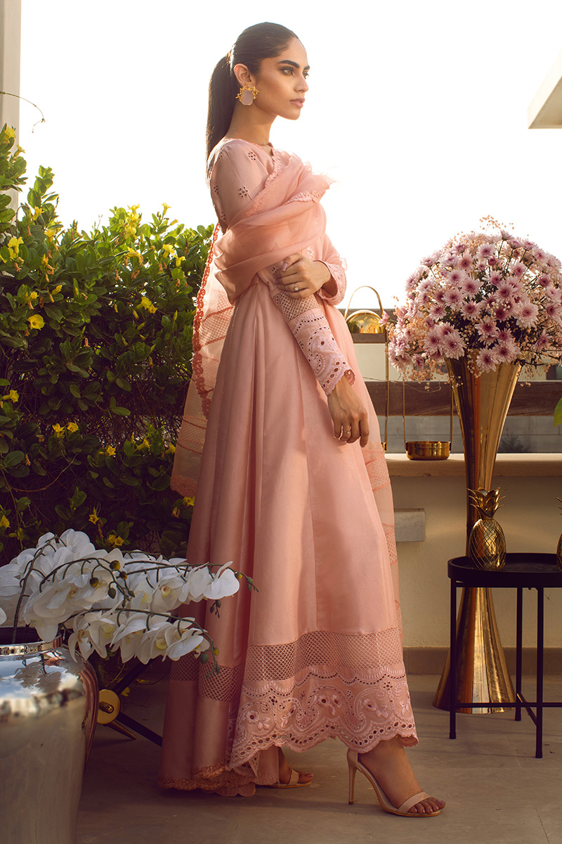 Pakistani Powder Pink Embroidered Pure Raw Silk Kalidaar (2-Piece) - Image 4