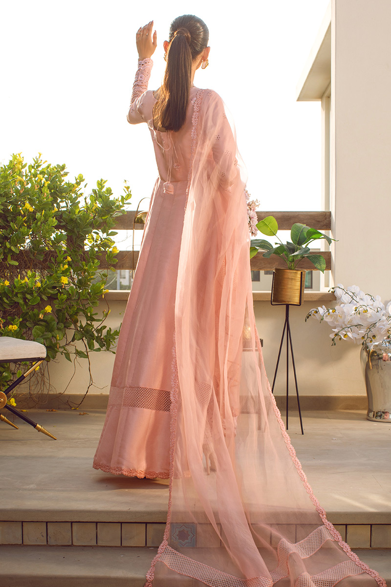 Pakistani Powder Pink Embroidered Pure Raw Silk Kalidaar (2-Piece) - Image 5