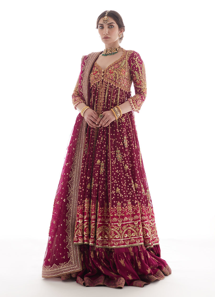 Pakistani Magenta Embroidered Net Kalidaar Dress (3-Piece) - Image 1