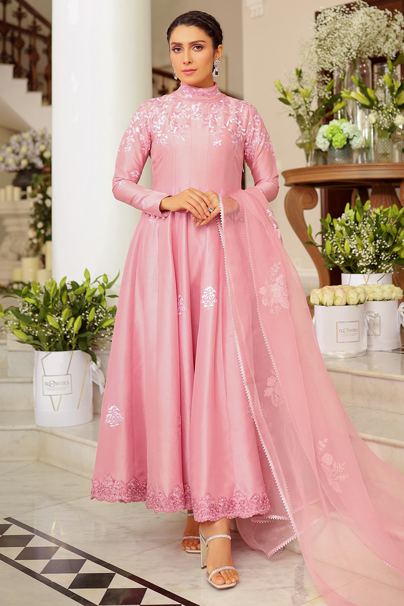 Taffy Pink Embroidered Raw Silk Kalidaar (3-Piece) - Image 1