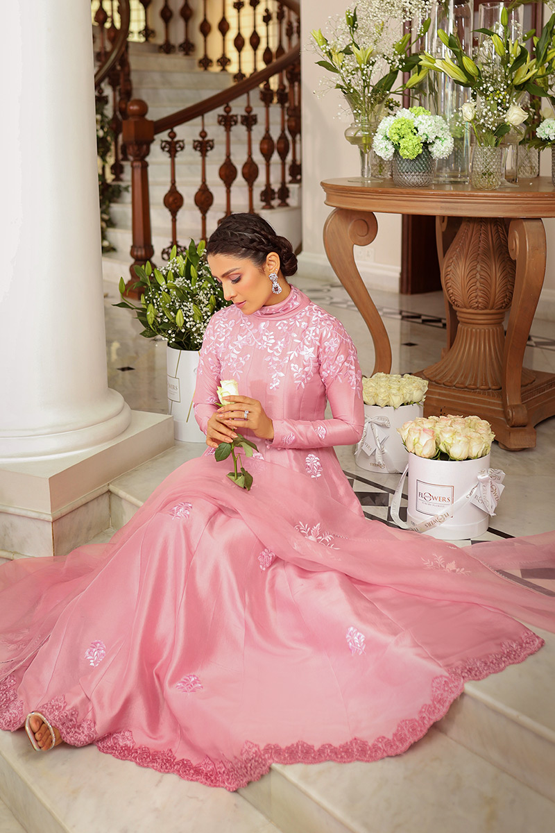 Taffy Pink Embroidered Raw Silk Kalidaar (3-Piece) - Image 2