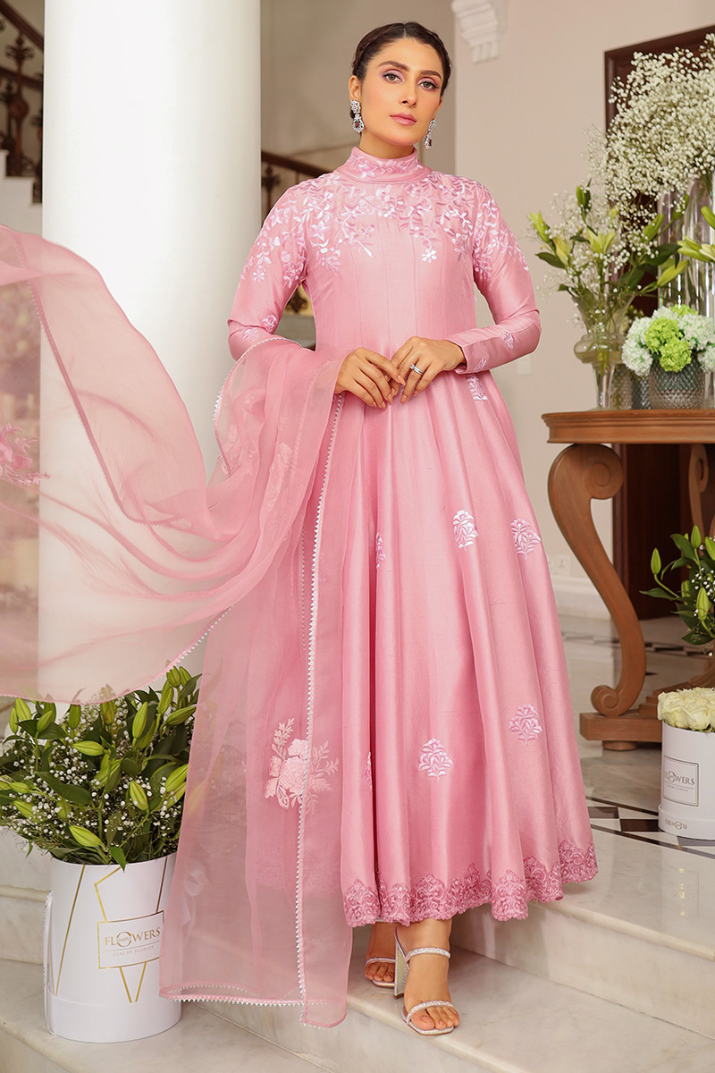 Taffy Pink Embroidered Raw Silk Kalidaar (3-Piece) - Image 3