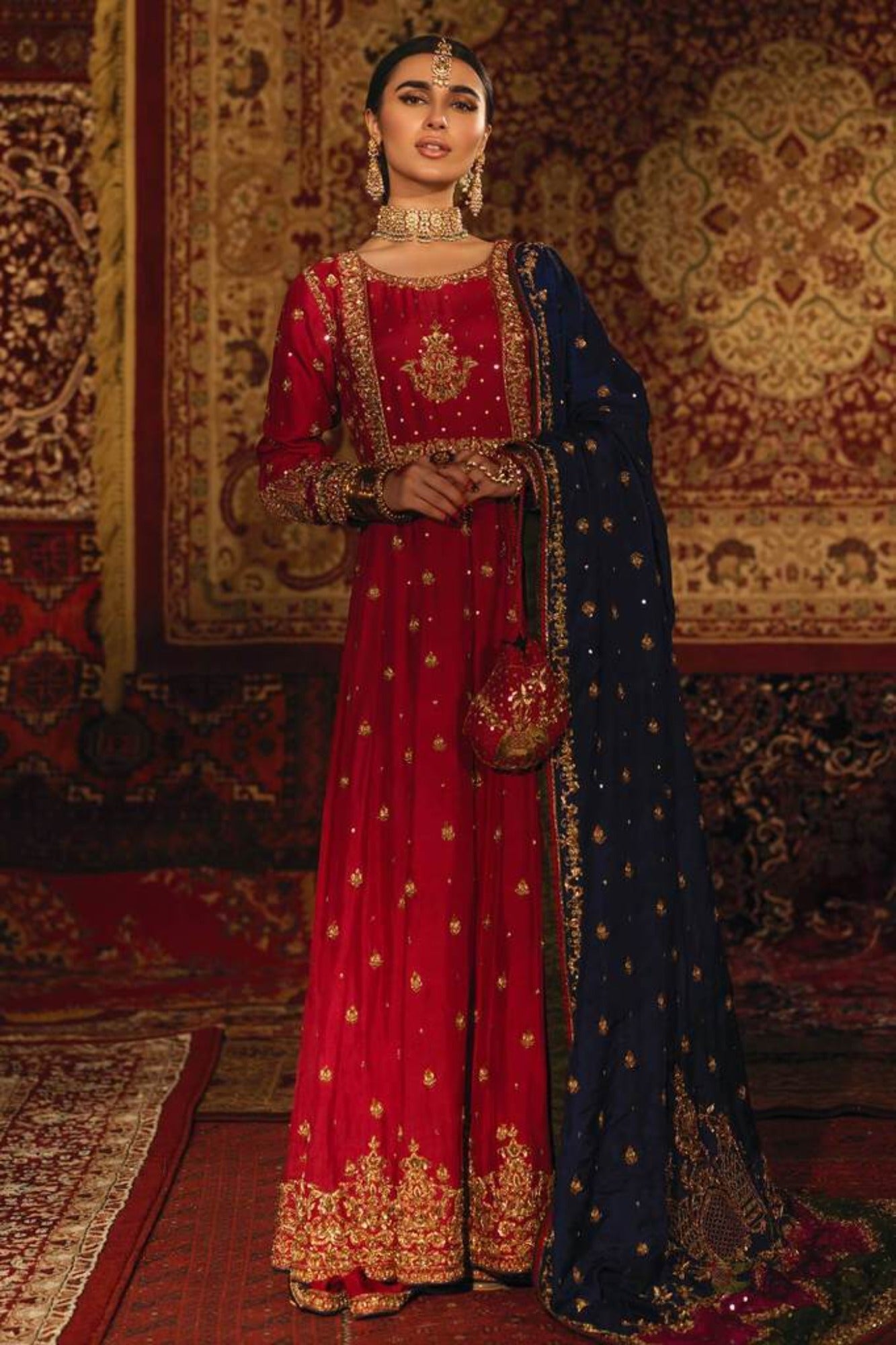 Cherry Pink Embroidered Raw Silk Kalidar Frock (3-Piece) - Image 3