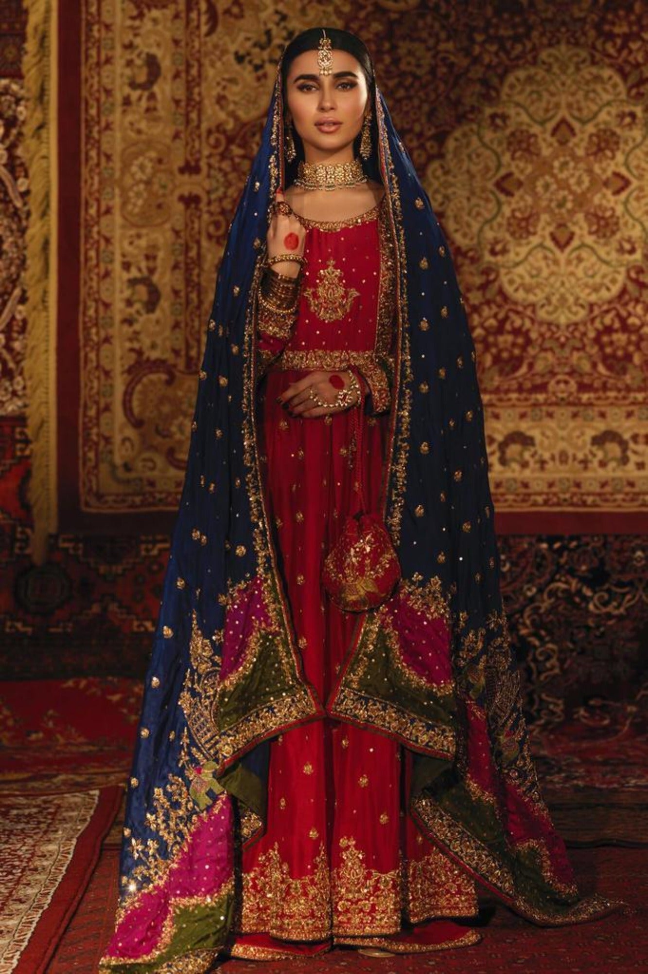 Pakistani Cherry Pink Zardozi Raw Silk Kalidar Dress (3-Piece) - Image 2