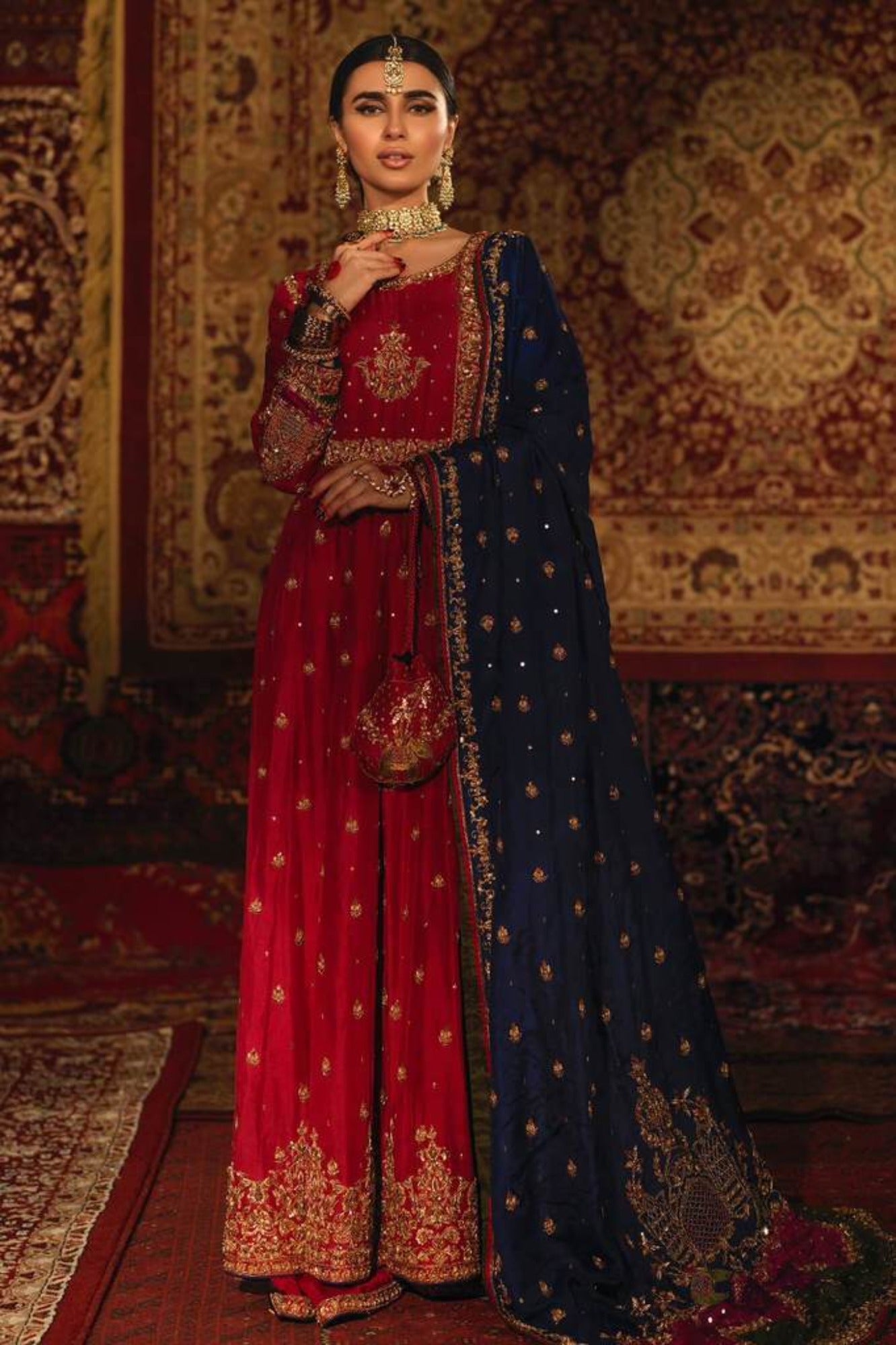 Pakistani Cherry Pink Zardozi Raw Silk Kalidar Dress (3-Piece) - Image 4