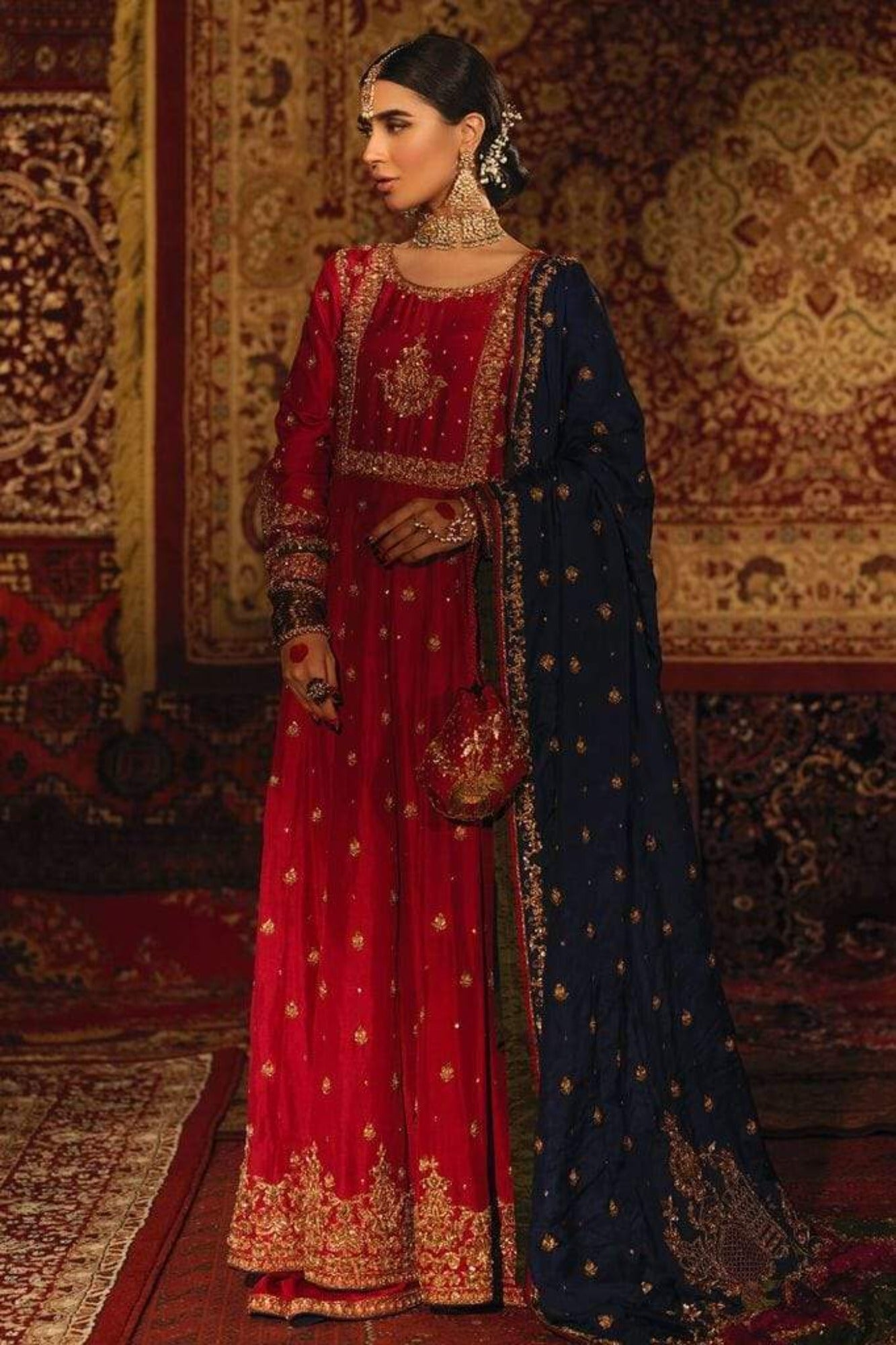 Pakistani Cherry Pink Zardozi Raw Silk Kalidar Dress (3-Piece) - Image 5